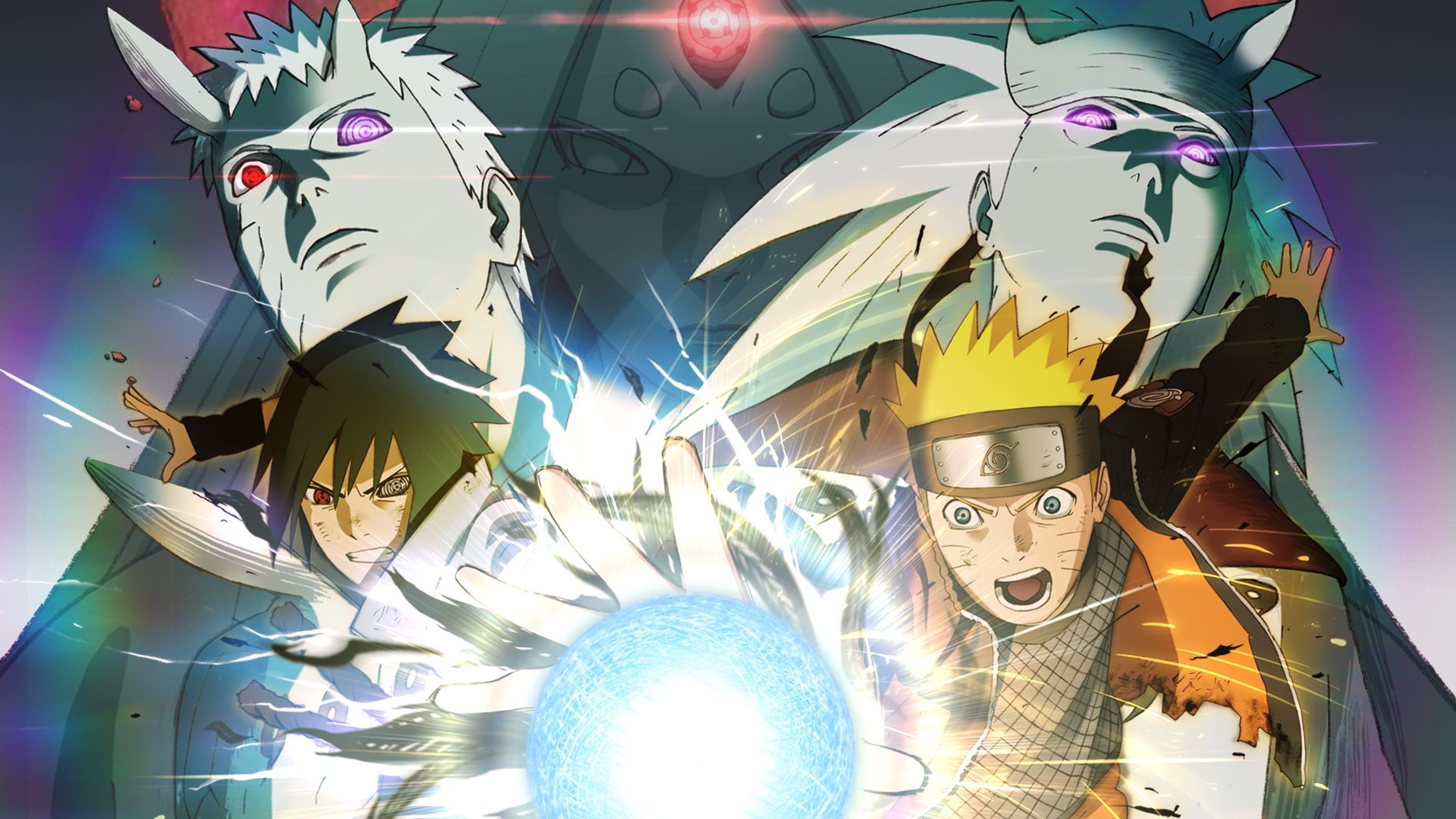 Naruto Uzumaki, Sasuke Uchiha, Obito Uchiha, Rasengan, Naruto Shippuden, sfondo 16:9 4K