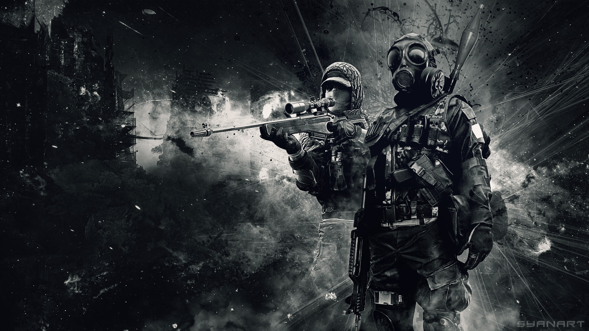 Battlefield, Cecchino, Maschera antigas, Bianco e nero, Fumo, 1920x1080, sfondo per PC