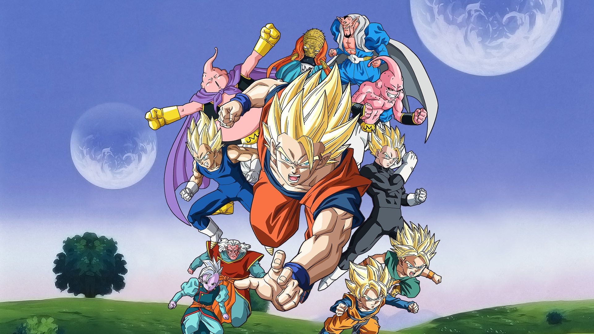 Goku, Majin Bu, Dragon Ball Z, Gruppo, Lune, 16:9 Full HD, wallpaper widescreen