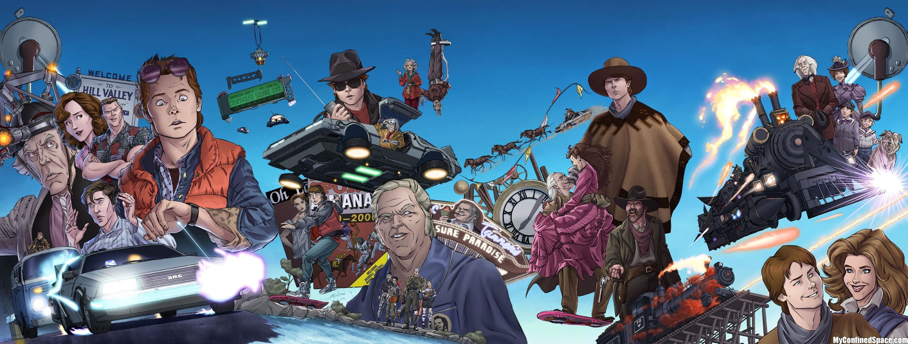 Ritorno al futuro, Marty McFly, Doc Brown, Biff Tannen, DeLorean DMC-12, Illustrazione, sfondo 2K
