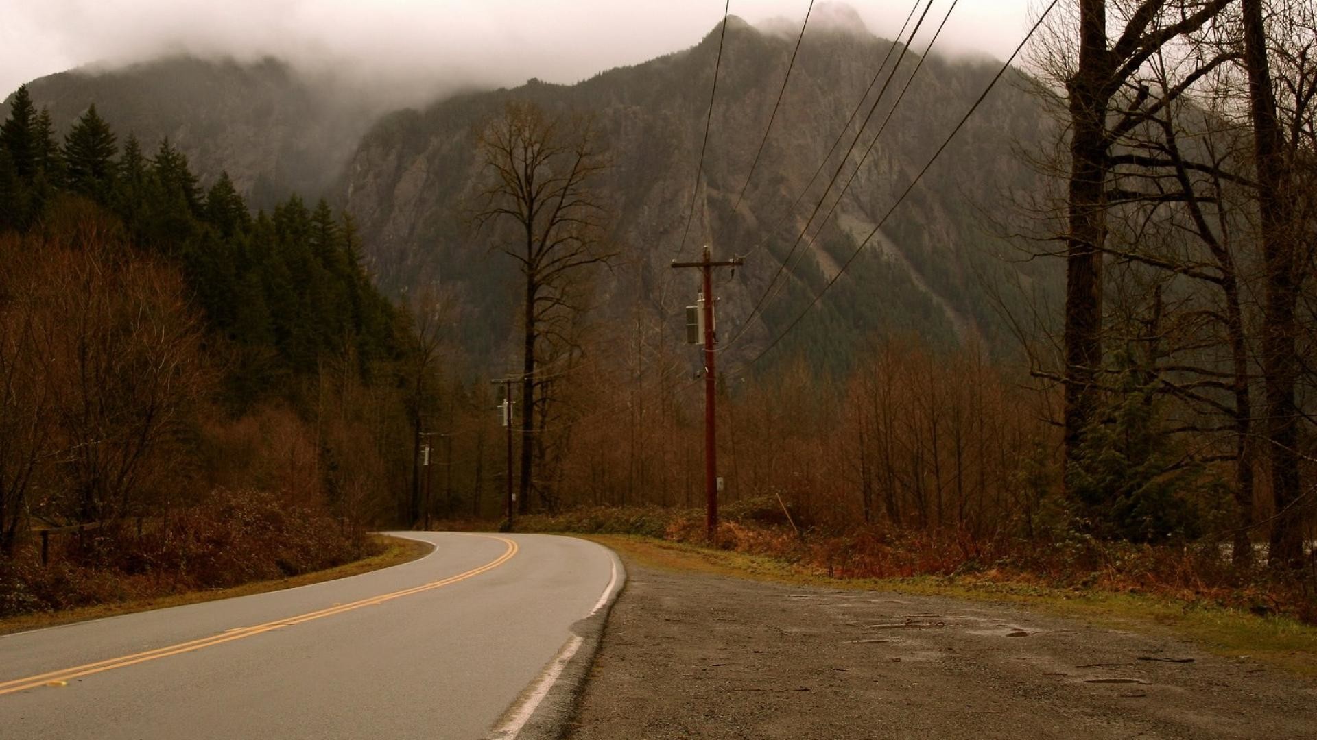 Twin Peaks, Strada, Montagne, Nebbia, Autunno, Full HD, sfondo desktop