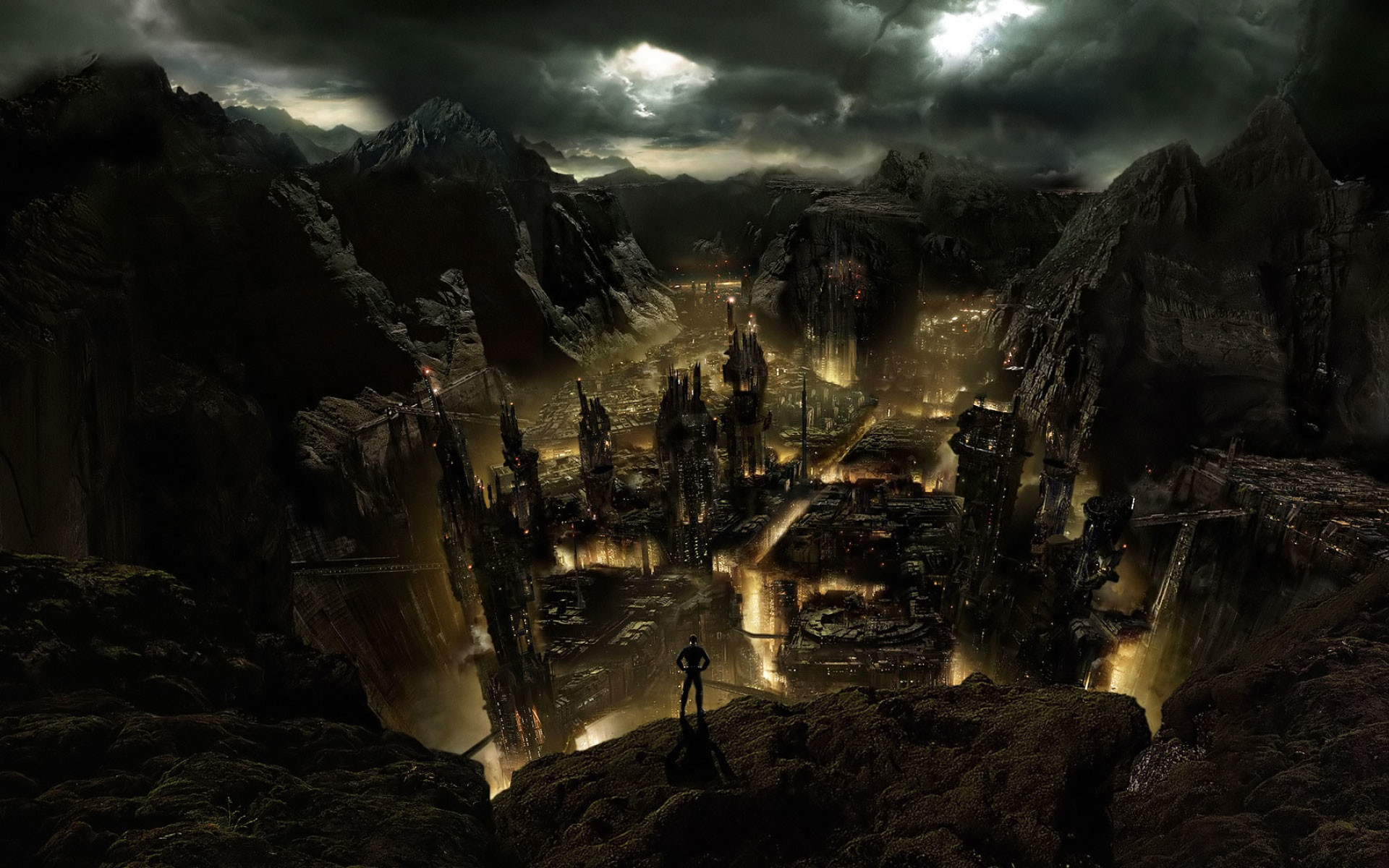 Città nel canyon, Notte, Fantasy oscuro, 16:10 Full HD, wallpaper widescreen