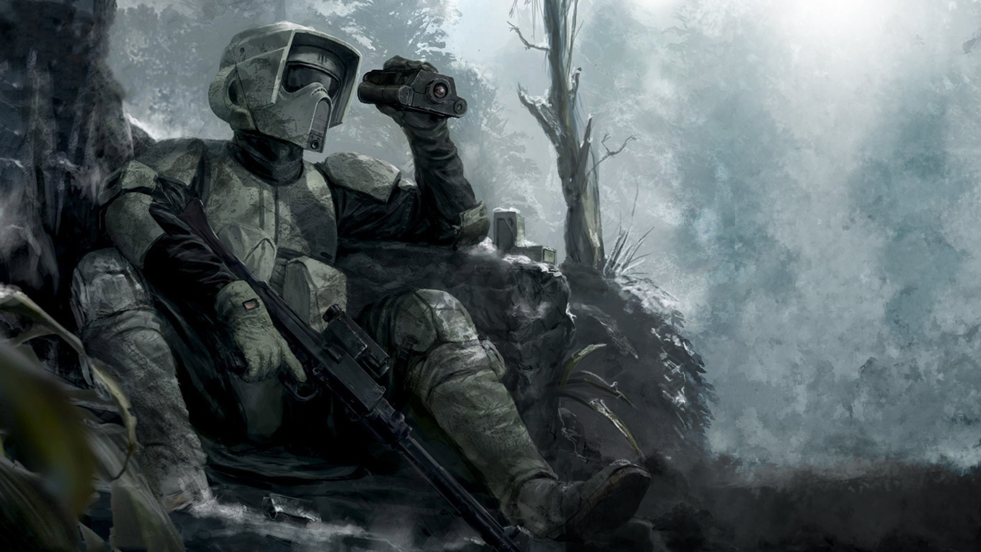 Scout trooper, Endor, Foresta, Nebbia, Full HD, sfondo per PC