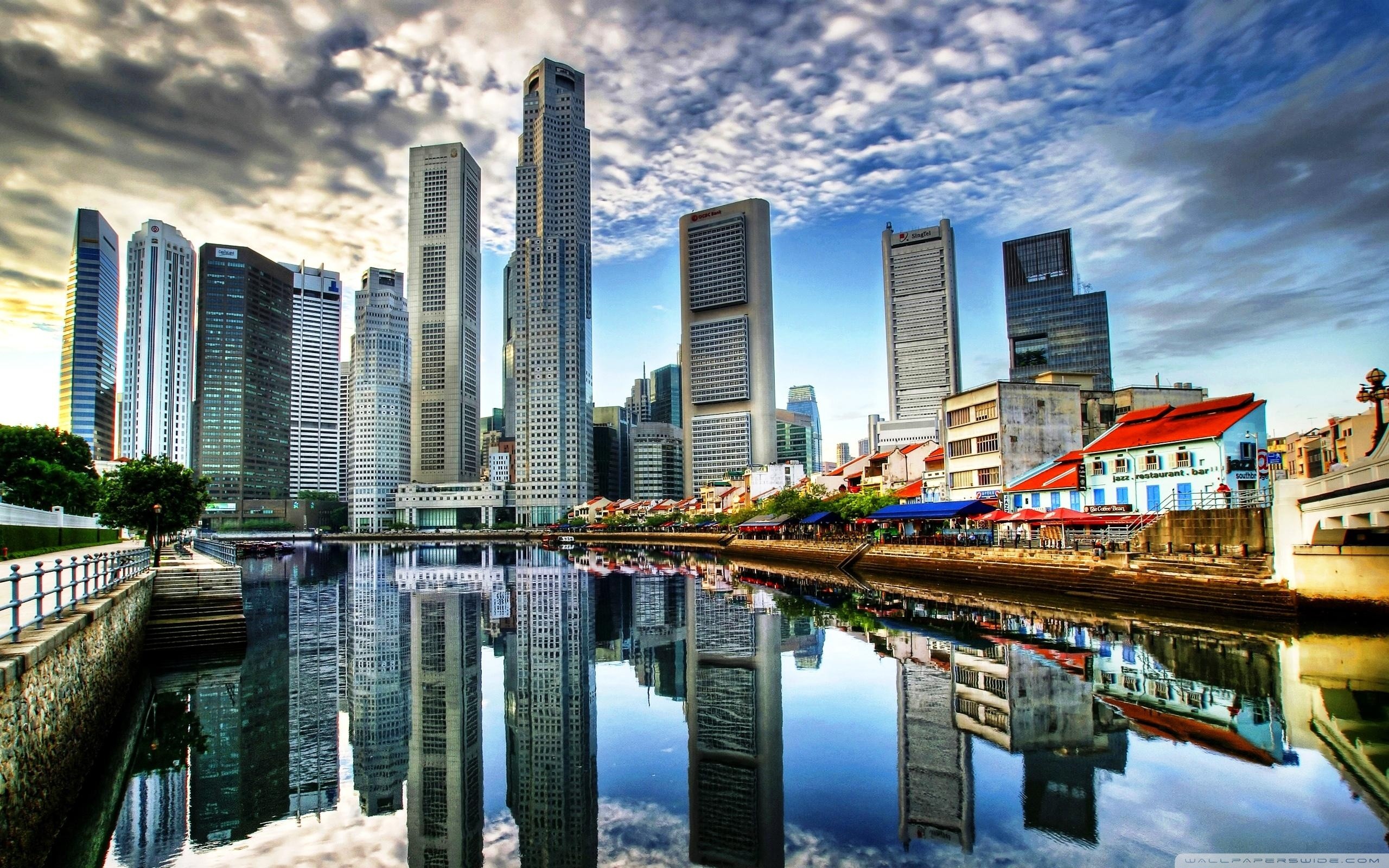 Singapore, Boat Quay, Grattacieli, Riflesso, HDR, 16:10 2K, sfondo widescreen