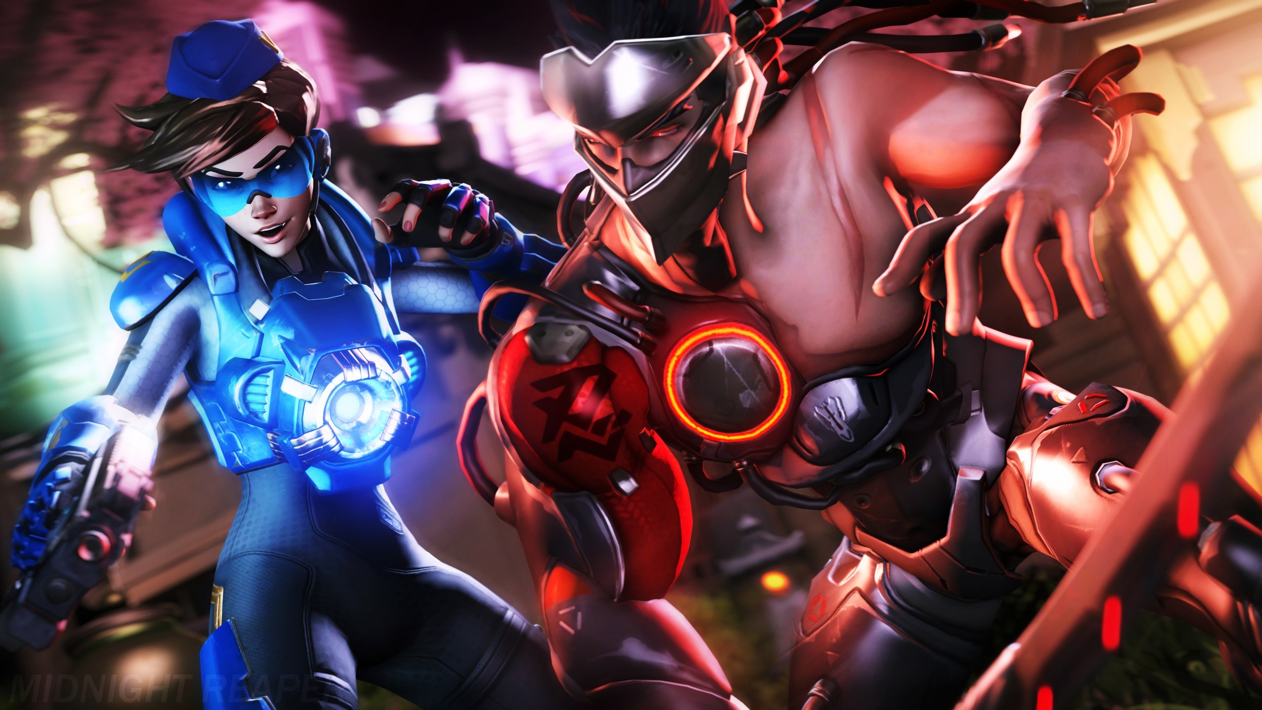 Genji, Tracer, Overwatch, Skin Oni, 16:9 2K, sfondo widescreen