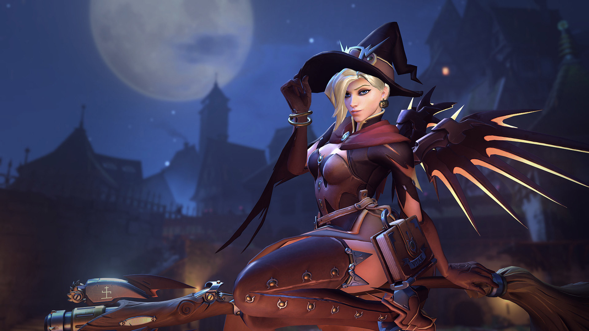 Mercy, Mercy Strega, Overwatch, Halloween, Luna piena, Full HD, sfondo per portatile