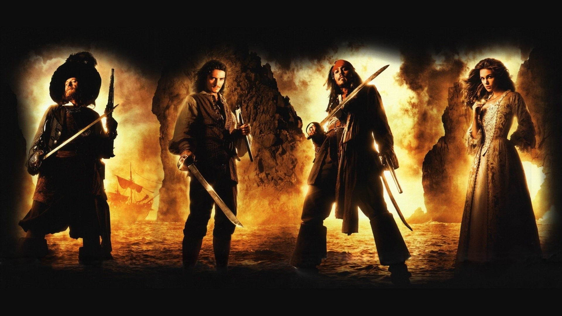 Pirati dei Caraibi, Jack Sparrow, Johnny Depp, Keira Knightley, Orlando Bloom, sfondo Full HD