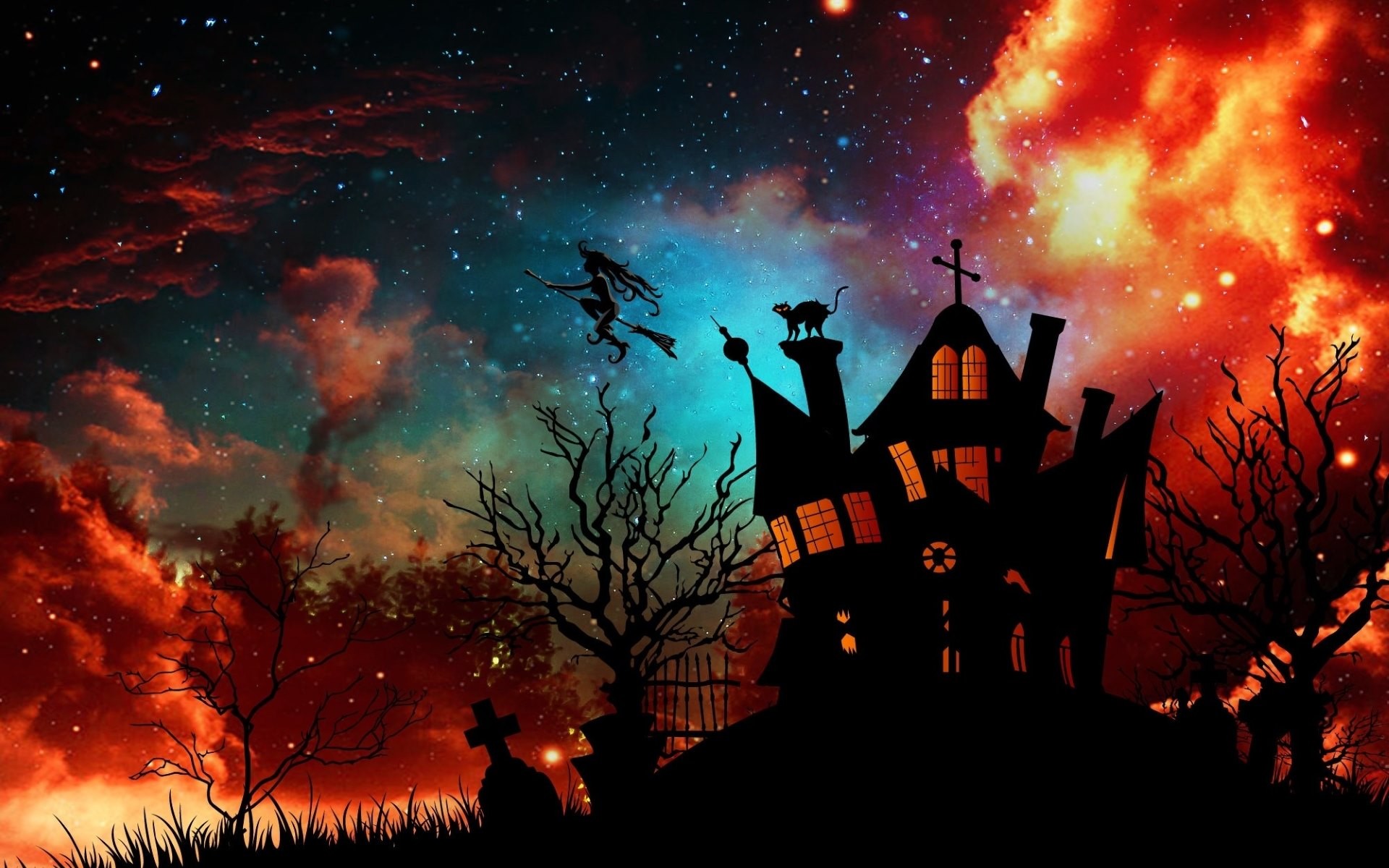 Casa stregata, Strega su scopa, Nebulosa, Alberi spogli, Silhouette, sfondo desktop 1920x1200