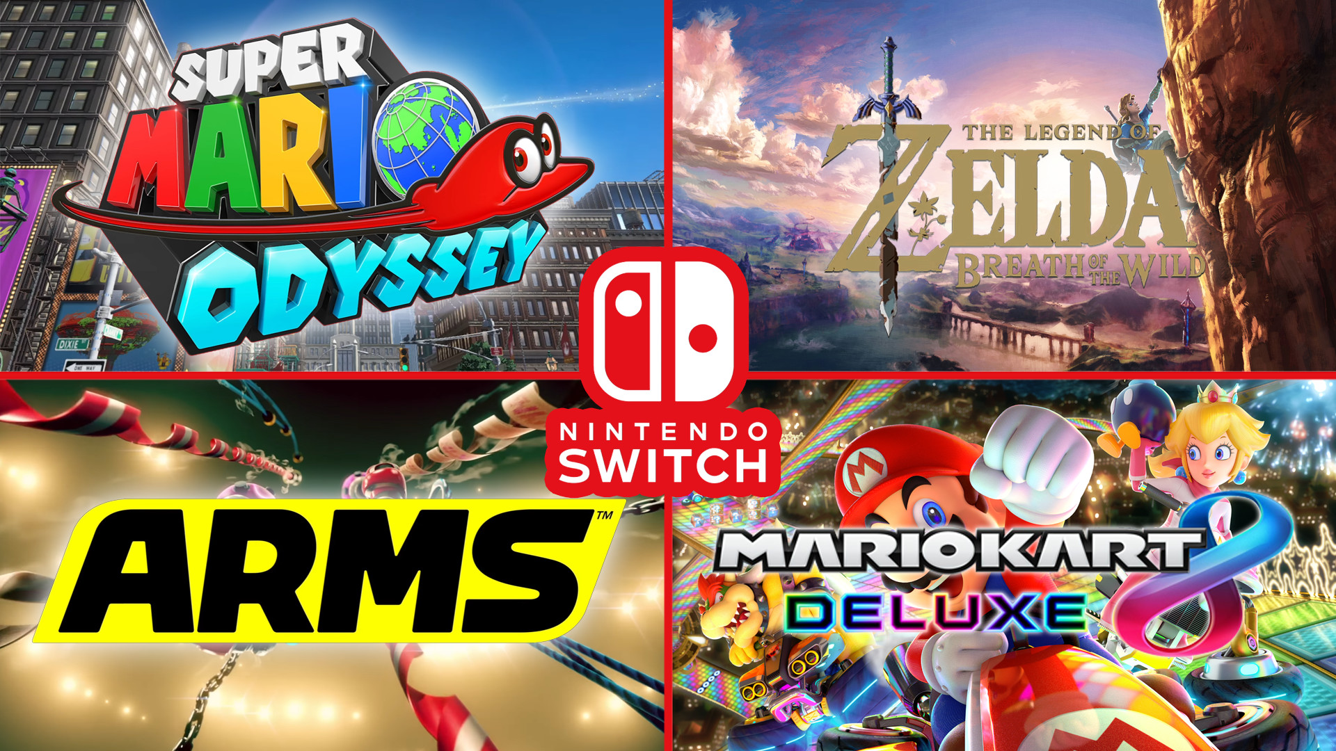 Nintendo Switch, Super Mario Odyssey, The Legend of Zelda: Breath of the Wild, ARMS, Mario Kart 8 Deluxe, Collage, sfondo Full HD