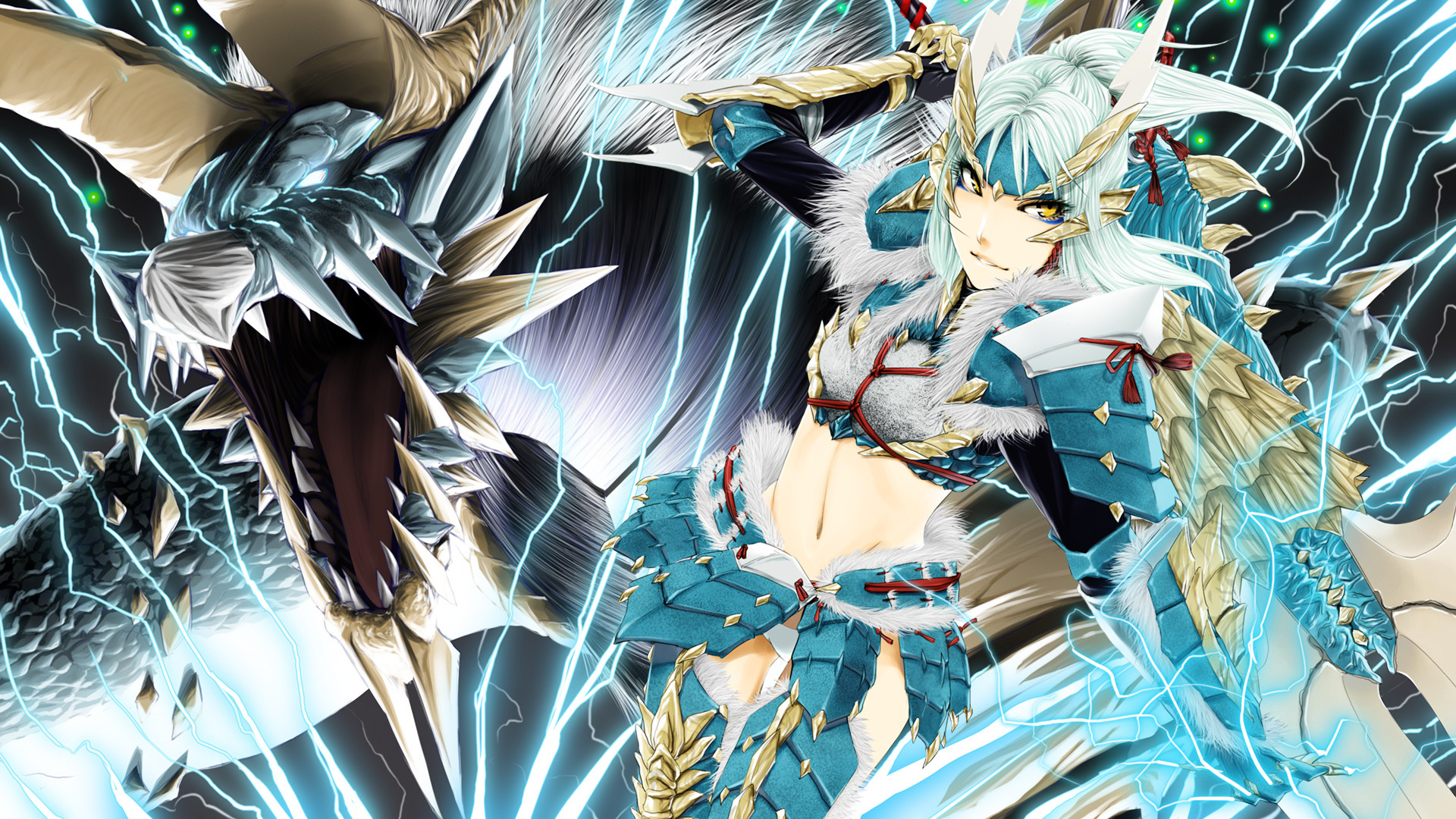 Monster Hunter, Armatura Zinogre, Cacciatrice, Fulmini, 1920x1080, immagine di sfondo