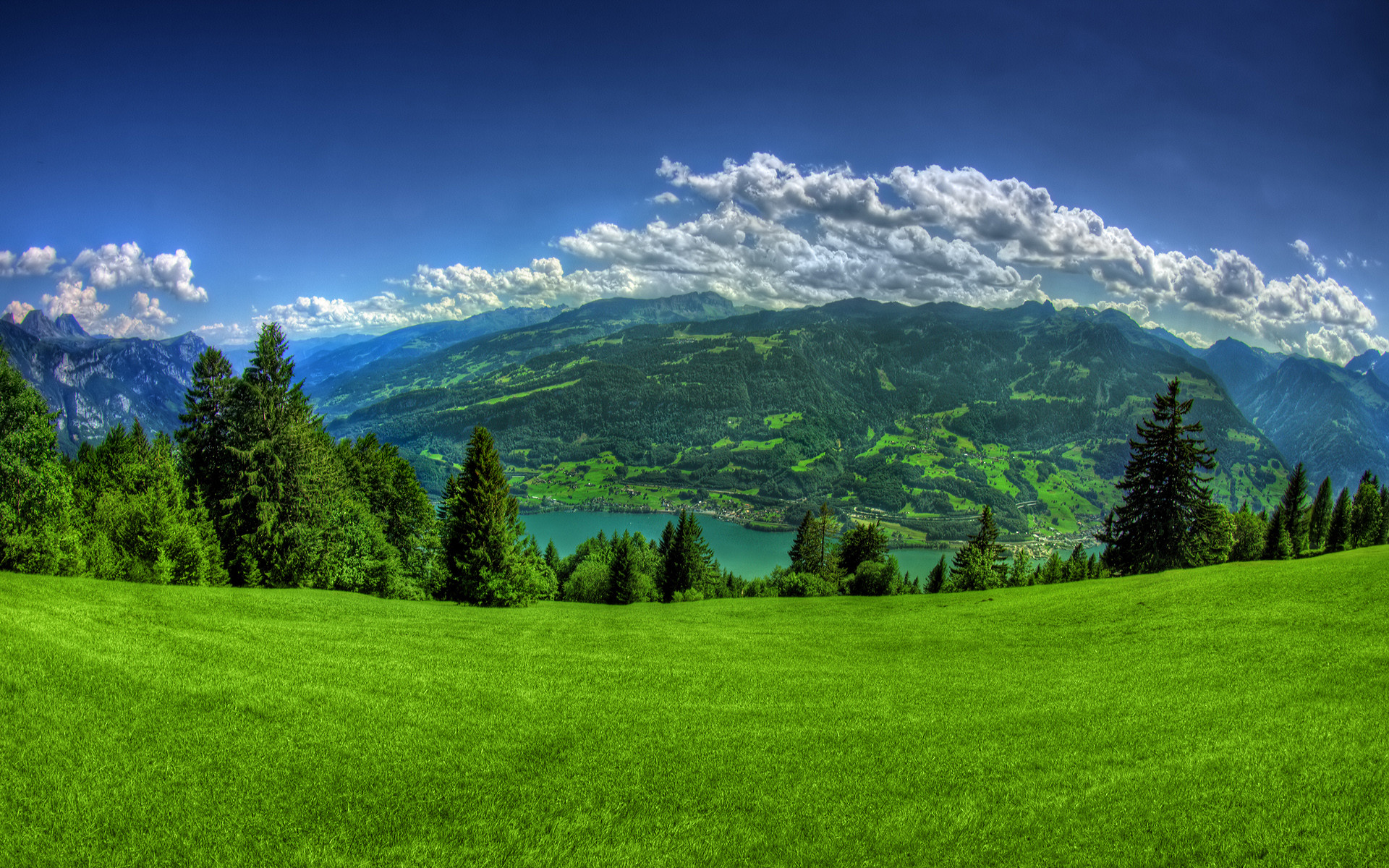 Prato verde, Montagne, Lago, Nuvole, sfondo desktop