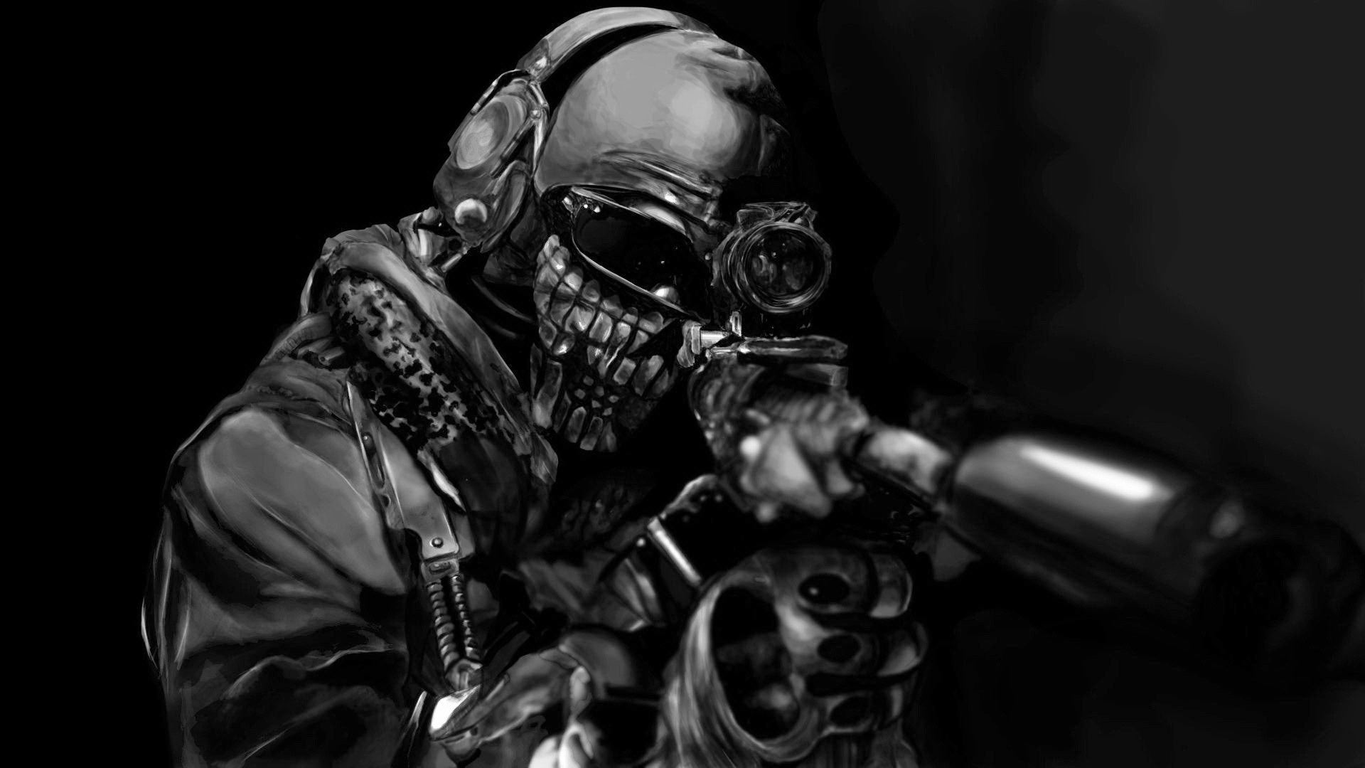 Ghost, Call of Duty: Modern Warfare 2, Cecchino, Passamontagna con teschio, Bianco e nero, sfondo 1080p