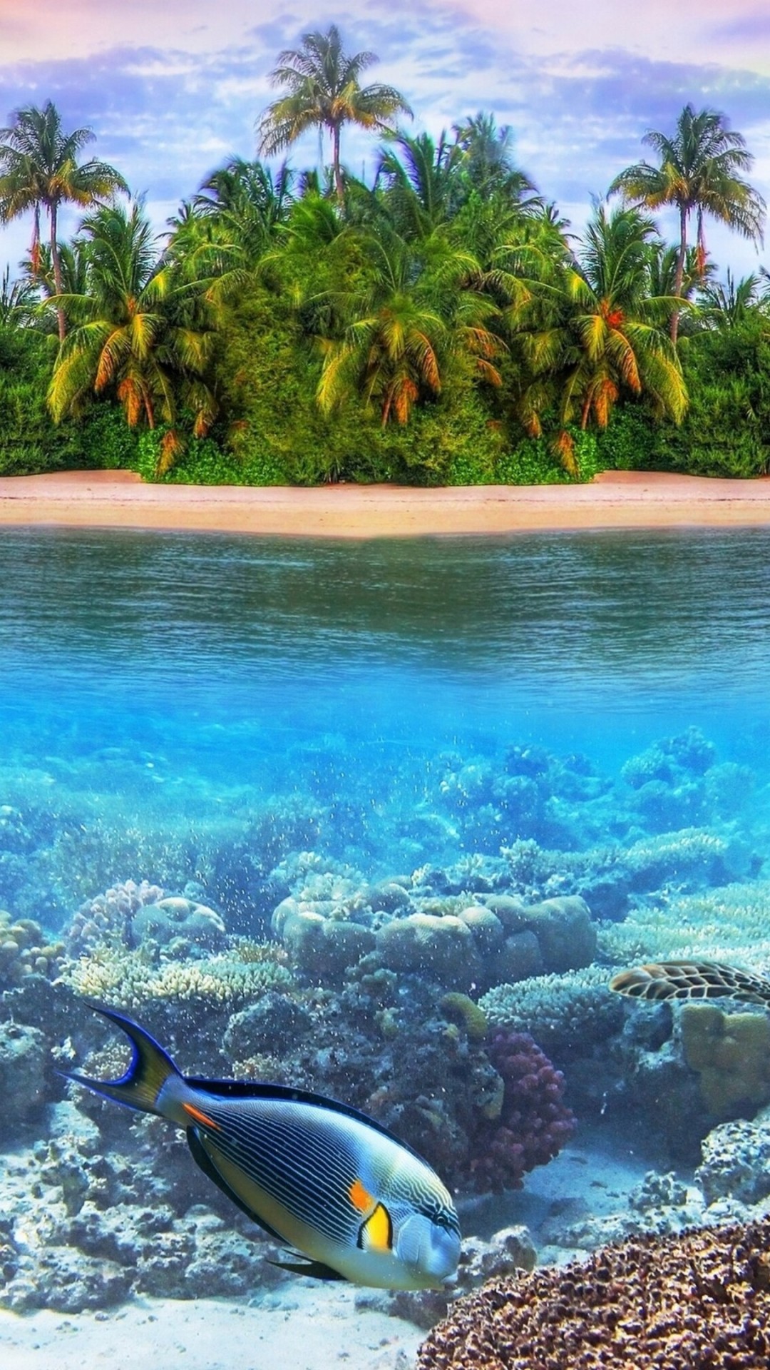 Isola tropicale, Palme, Vista sdoppiata, Pesce chirurgo, Coralli, schermata di blocco smartphone