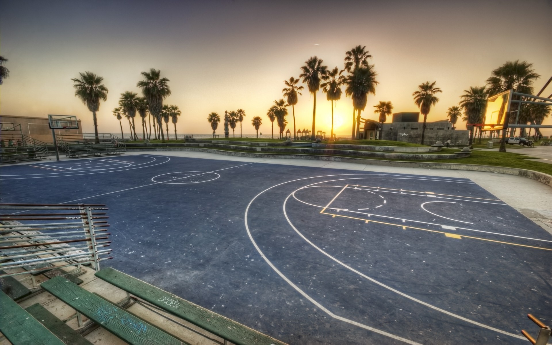 Venice Beach, Campo da basket, Palme, Tramonto, Los Angeles, 1920x1200, sfondo per PC