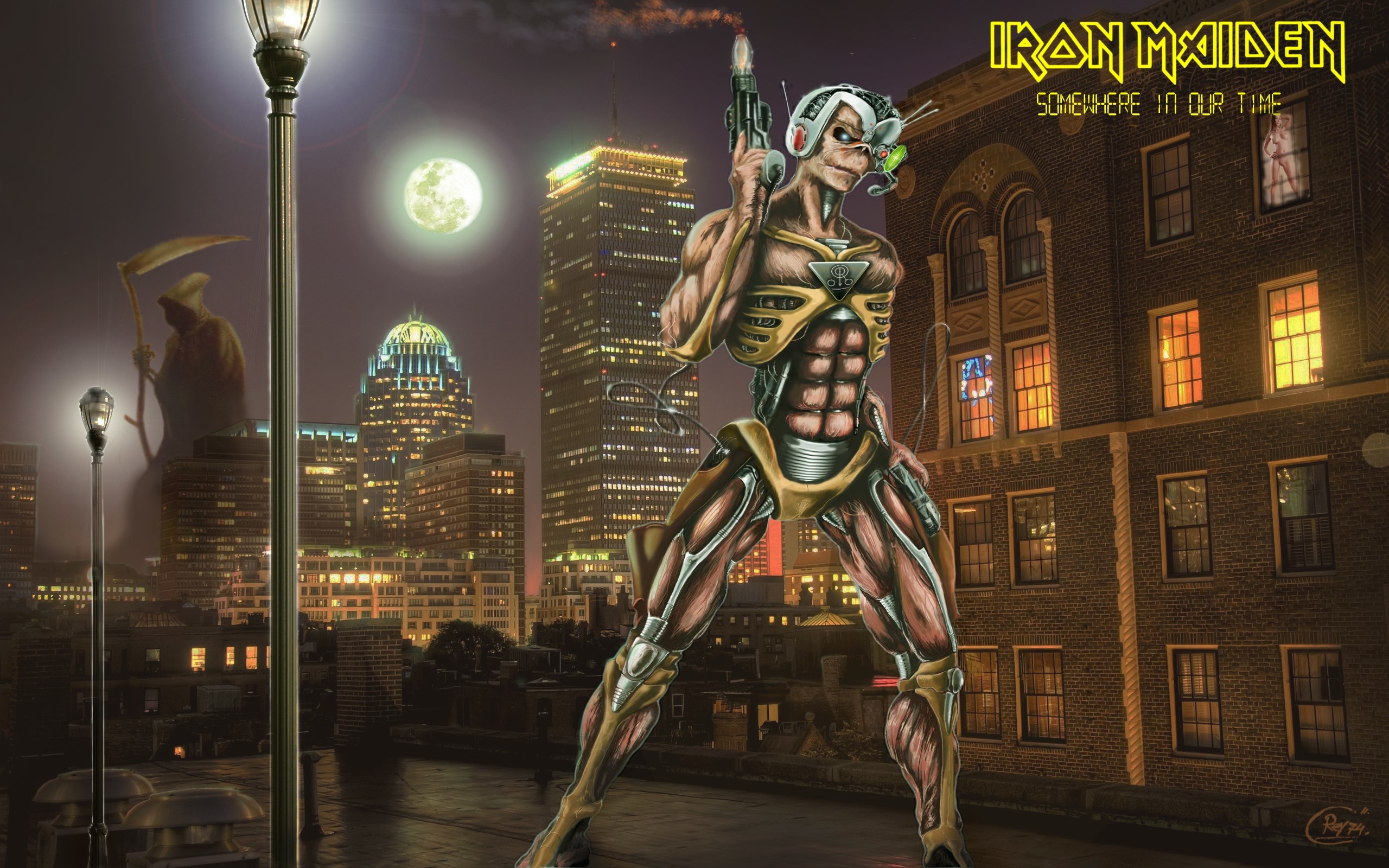 Eddie, Somewhere in Time, Iron Maiden, Città, Notte, Luna piena, sfondo 2K per PC