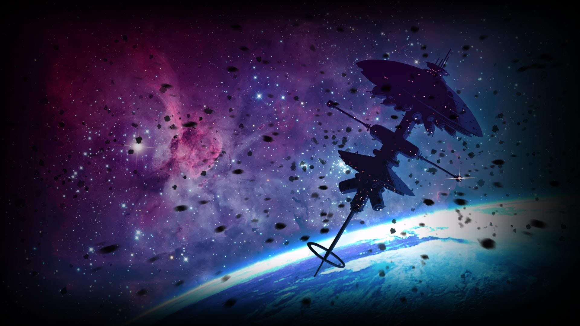 Stazione spaziale, Nebulosa, Spazio, Viola, Full HD, wallpaper desktop