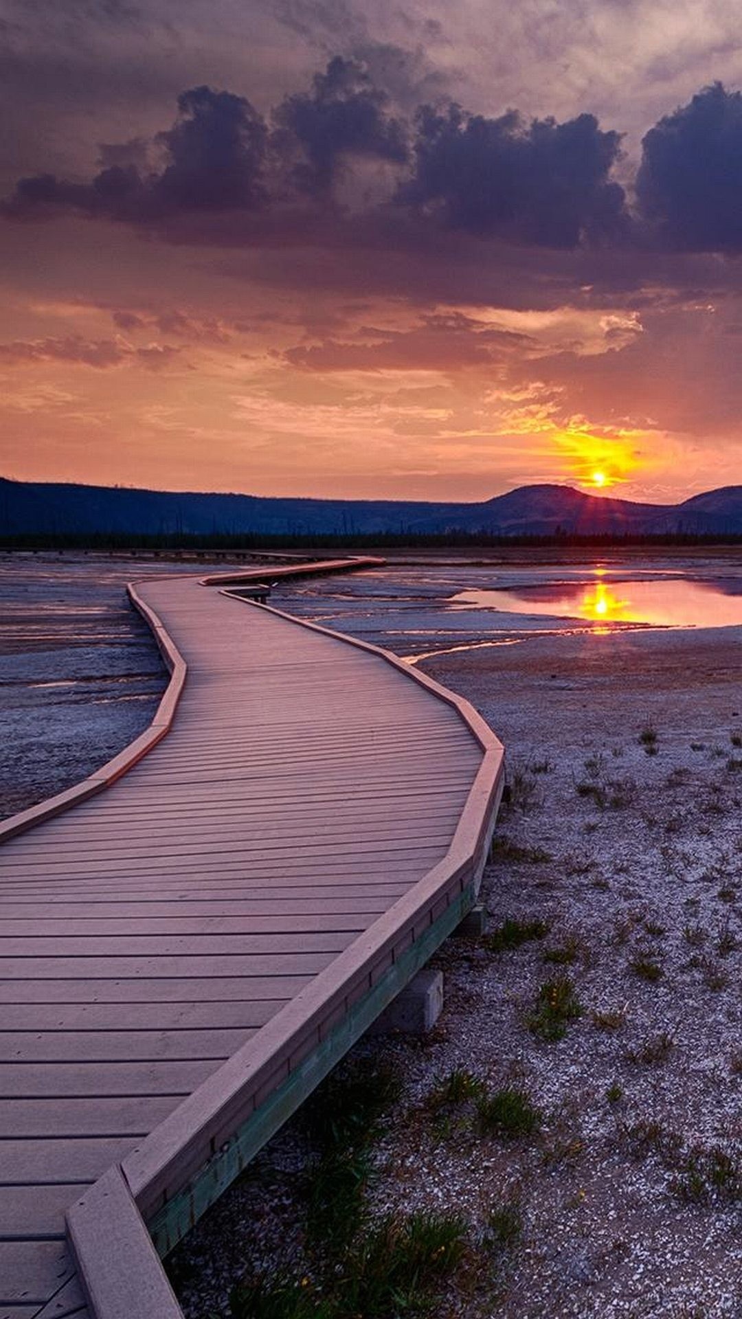 Passerella in legno, Tramonto, Spiaggia, Nuvole, sfondo per iPhone e Android
