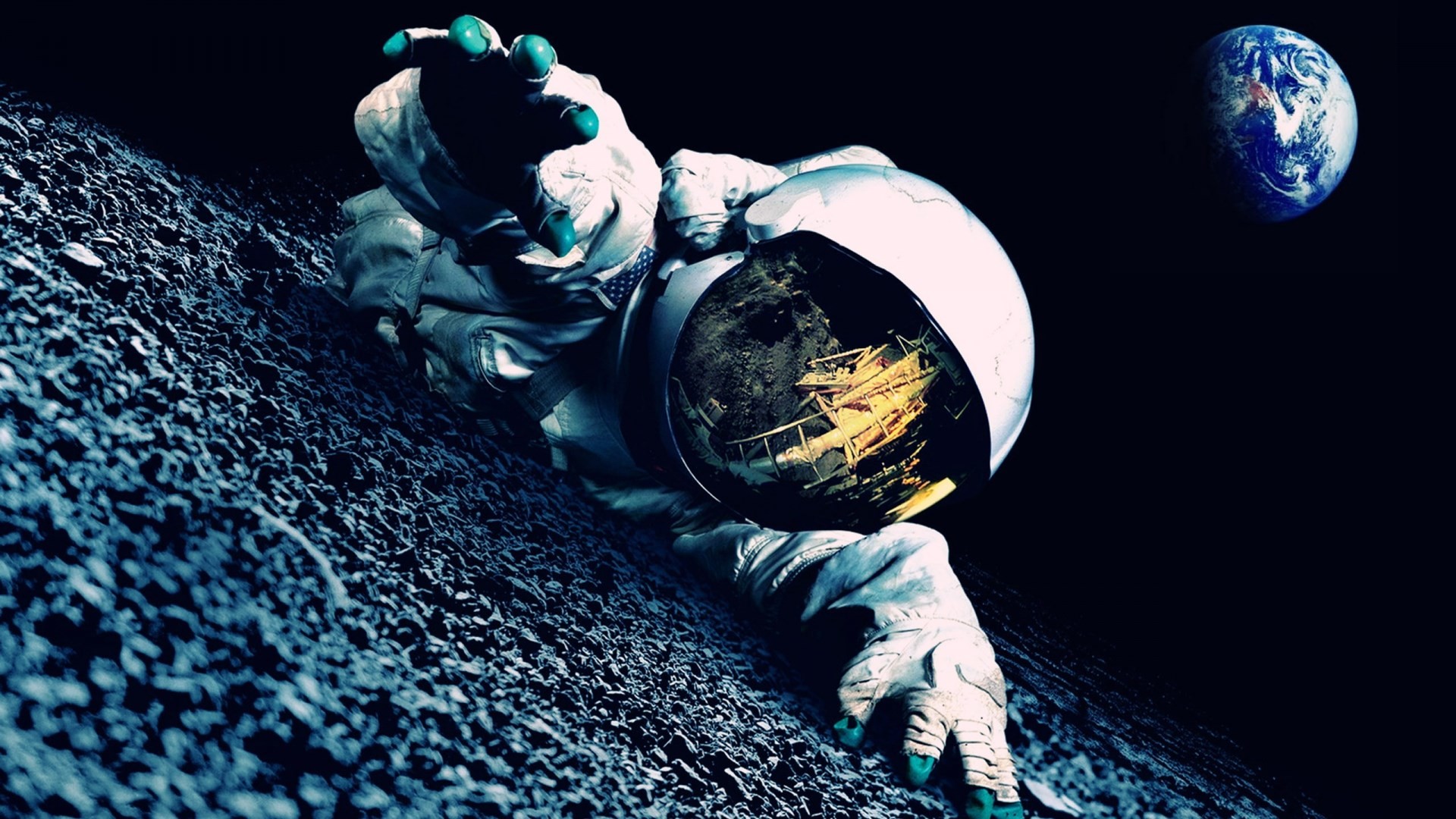 Astronauta, Luna, Terra, Casco rotto, Full HD, sfondo per PC e portatile