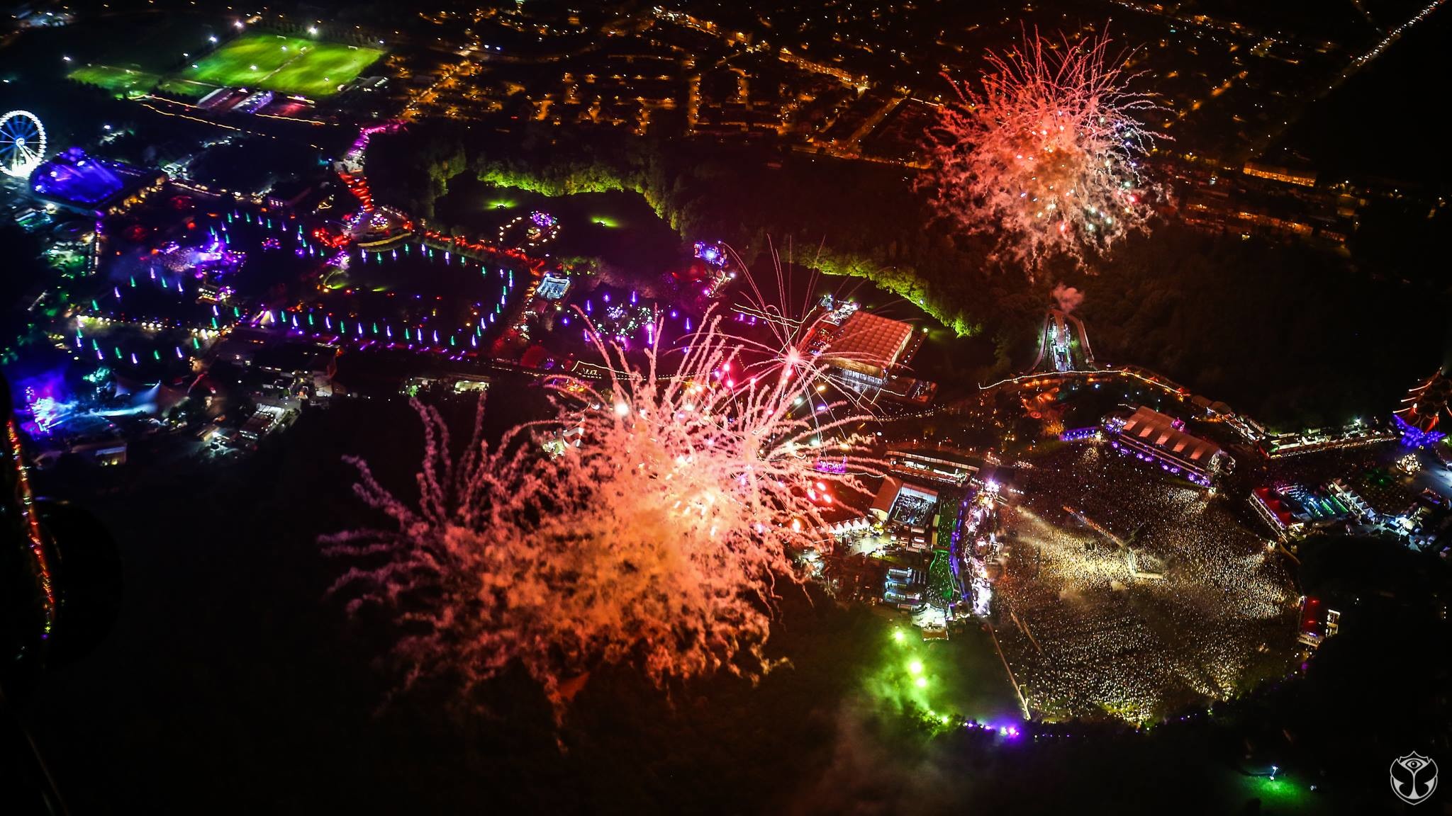 Tomorrowland, Fuochi d'artificio, Vista aerea, Notte, Full HD, sfondo per PC e portatile