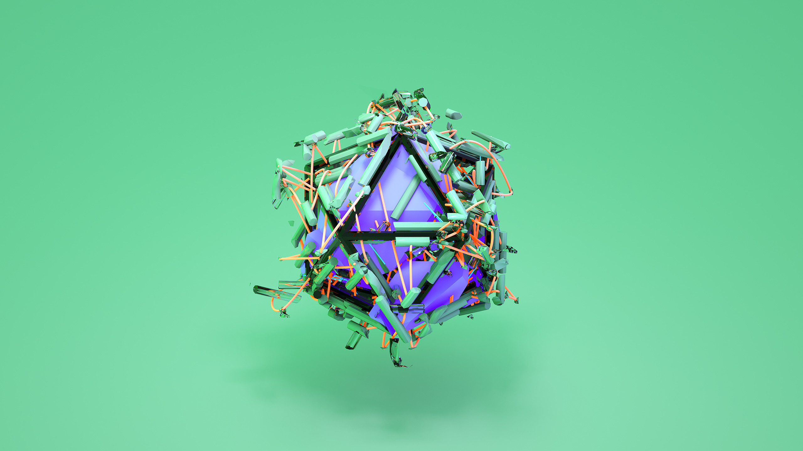 Icosaedro, Astratto, Sfondo verde, Geometrico, 2K, wallpaper desktop