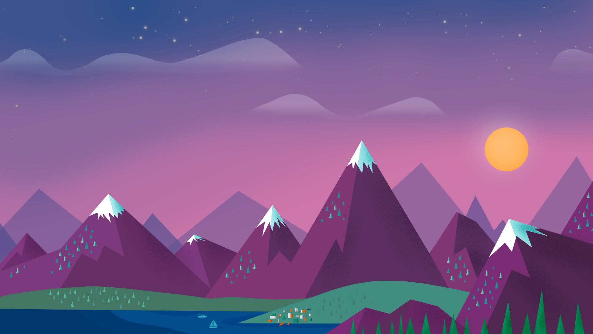 Montagne, Sole, Cielo viola, Flat design, Material design, Full HD, sfondo per PC