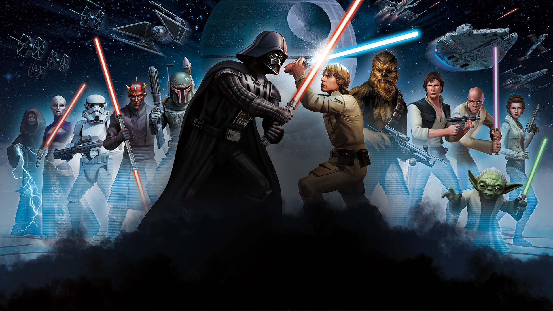 Darth Vader, Luke Skywalker, Han Solo, Chewbacca, Yoda, Darth Maul, wallpaper 1920x1080