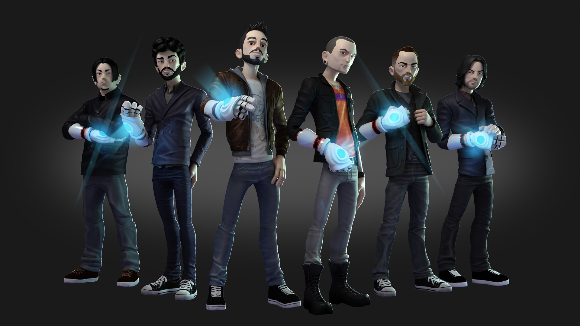 Linkin Park, Chester Bennington, Mike Shinoda, Arte 3D, Sfondo grigio, wallpaper Windows 11
