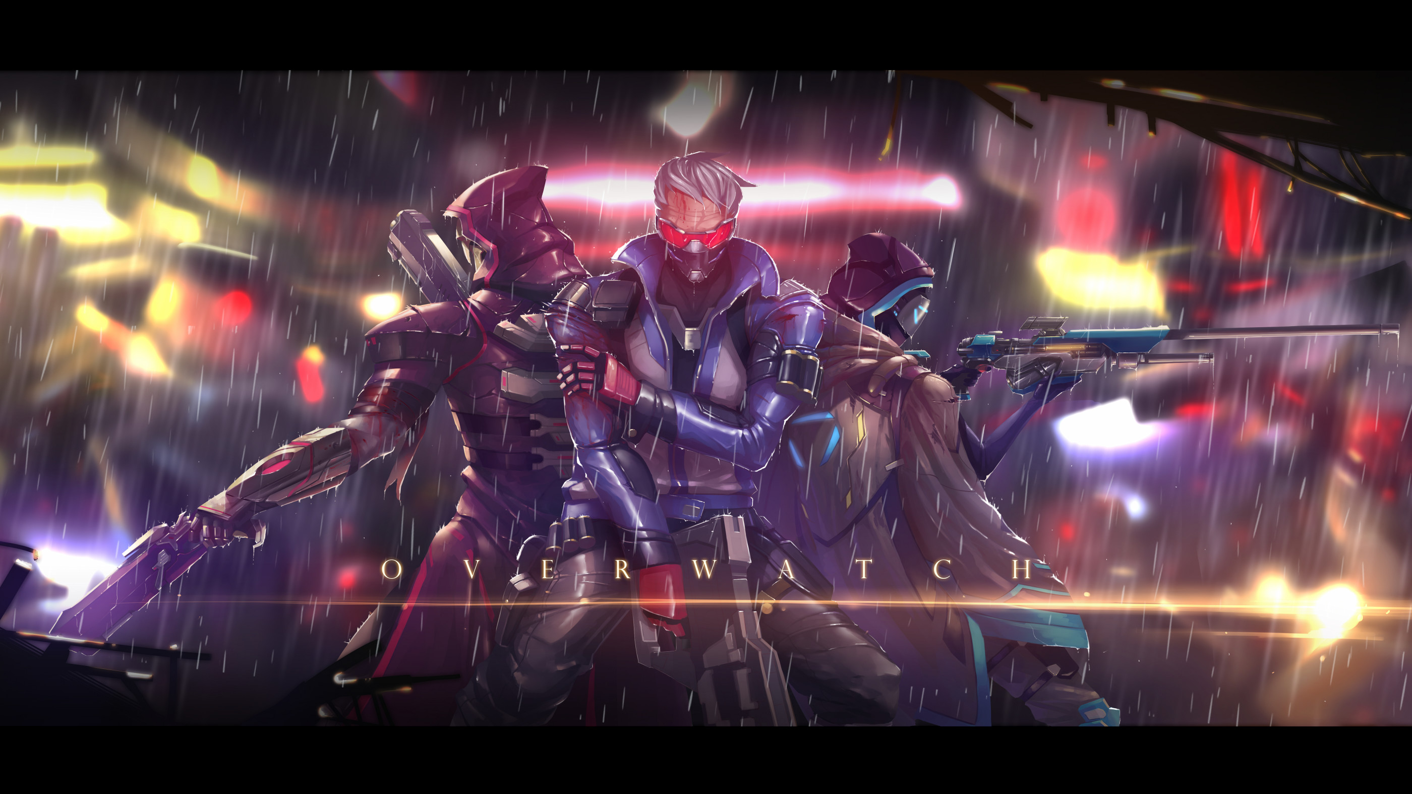 Overwatch, Widowmaker, Reaper, Pioggia, Notte, 2K, sfondo desktop