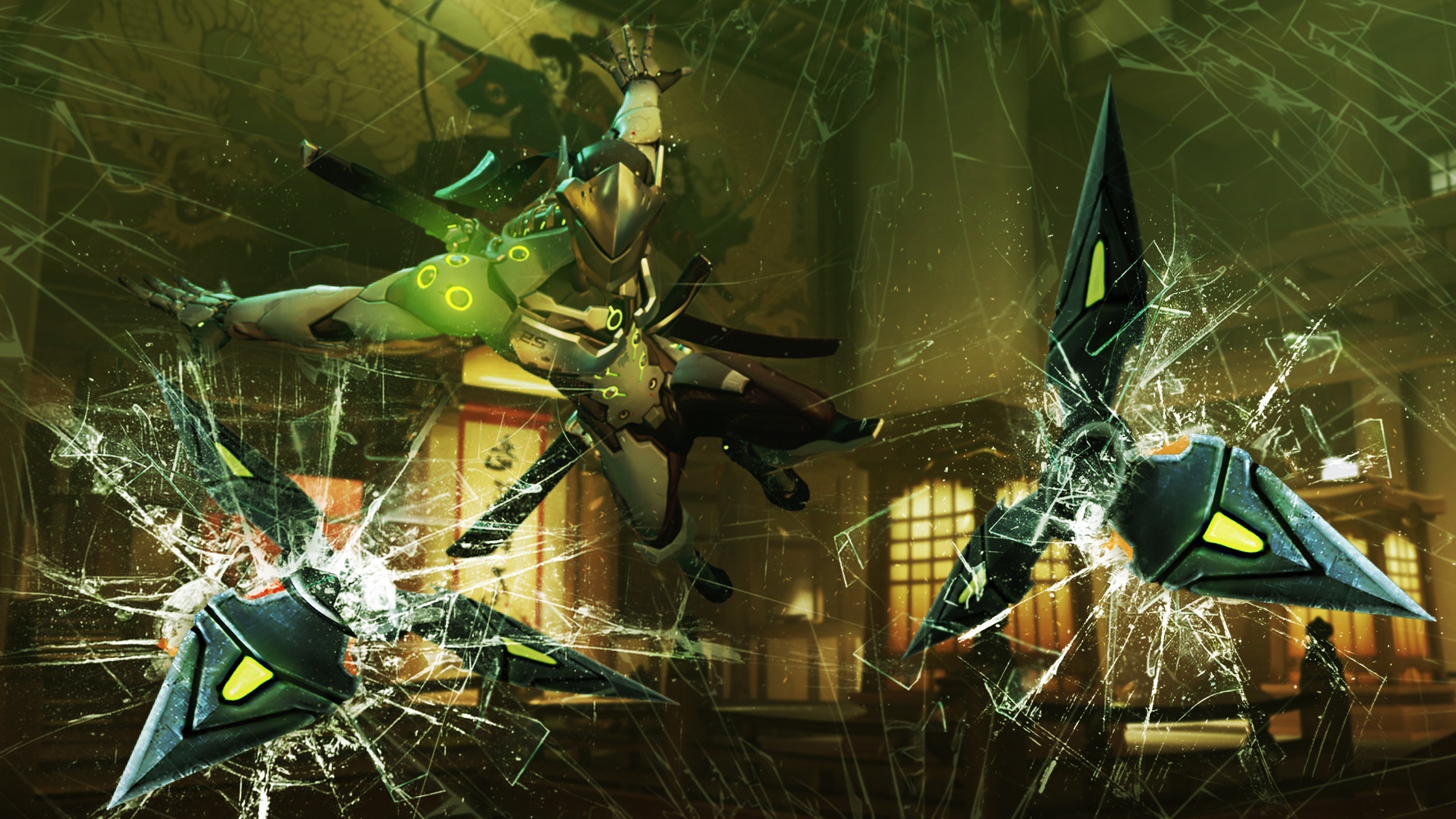 Genji, Overwatch, Shuriken, Vetro rotto, 2K, sfondo per PC