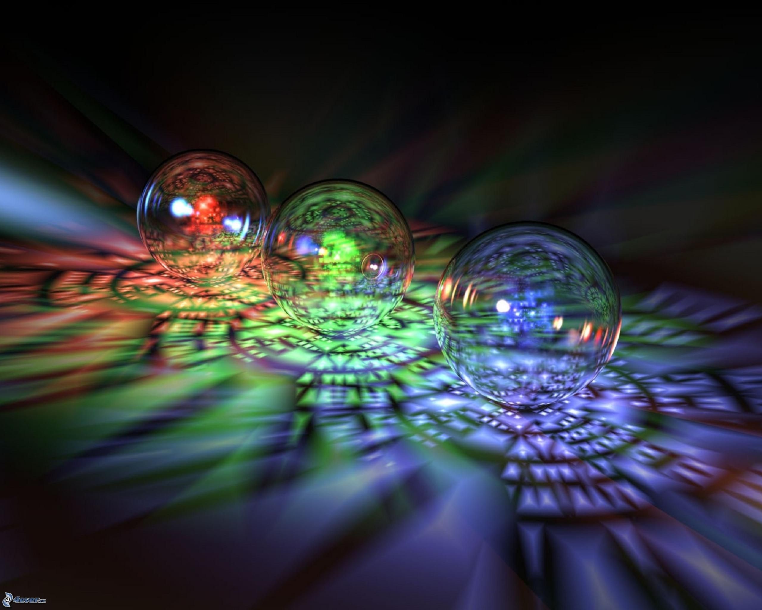 Sfere di vetro, Luci colorate, 3D, Sfondo nero, 2K, wallpaper per portatile