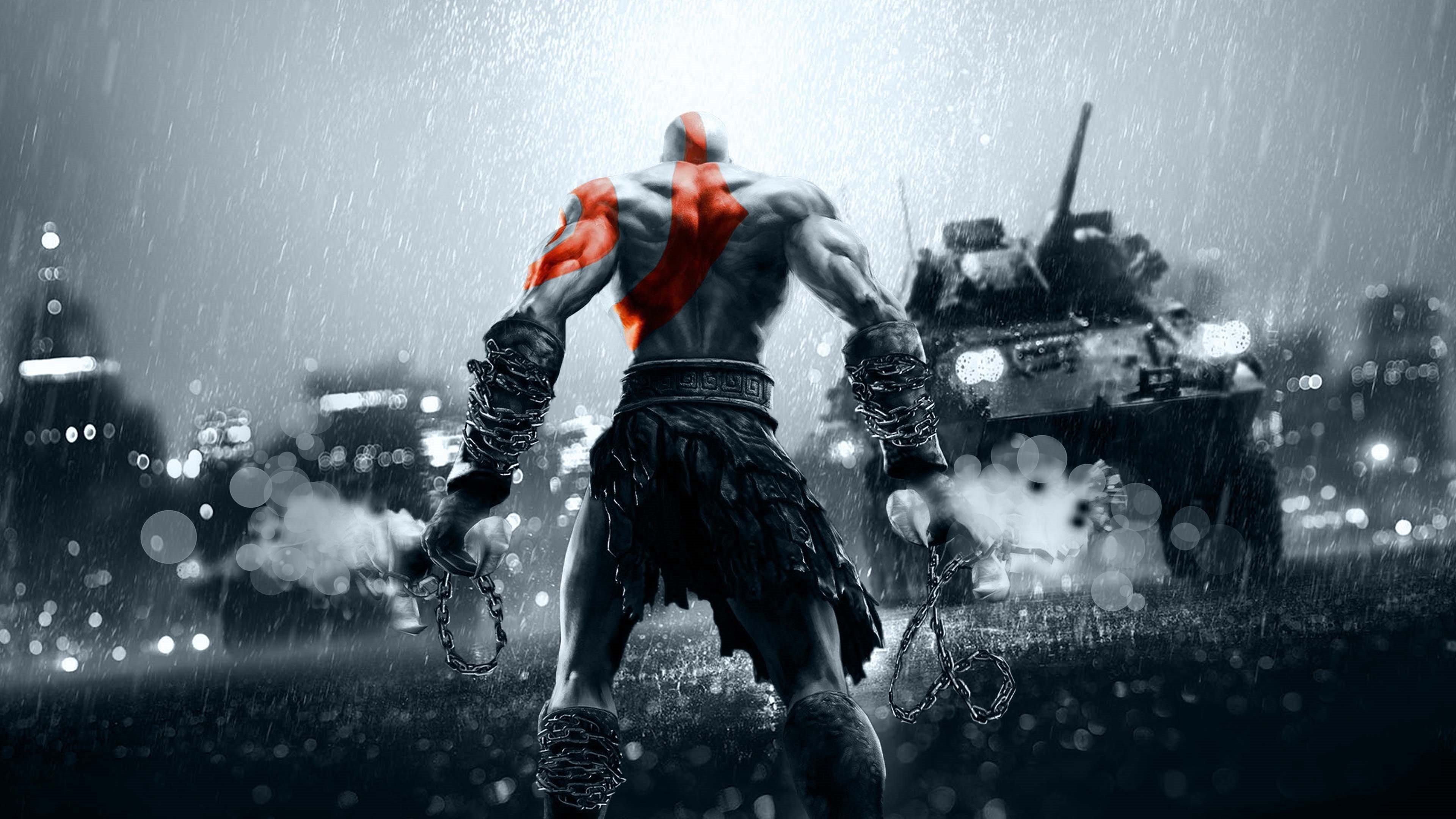 Kratos, God of War, Videogioco, Carro armato, Pioggia, sfondo desktop