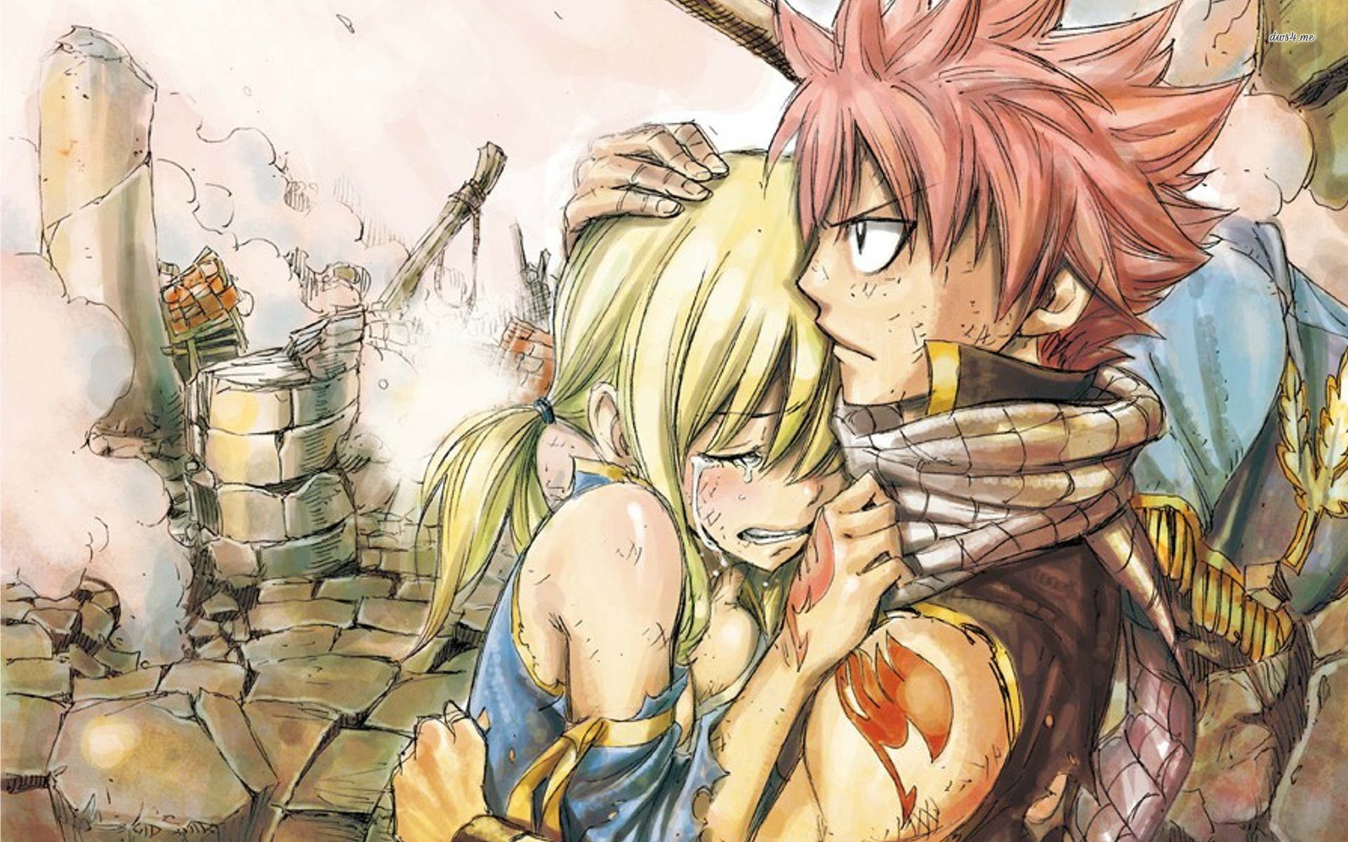 Natsu Dragneel, Lucy Heartfilia, Fairy Tail, Abbraccio, Manga a colori, sfondo MacBook Pro