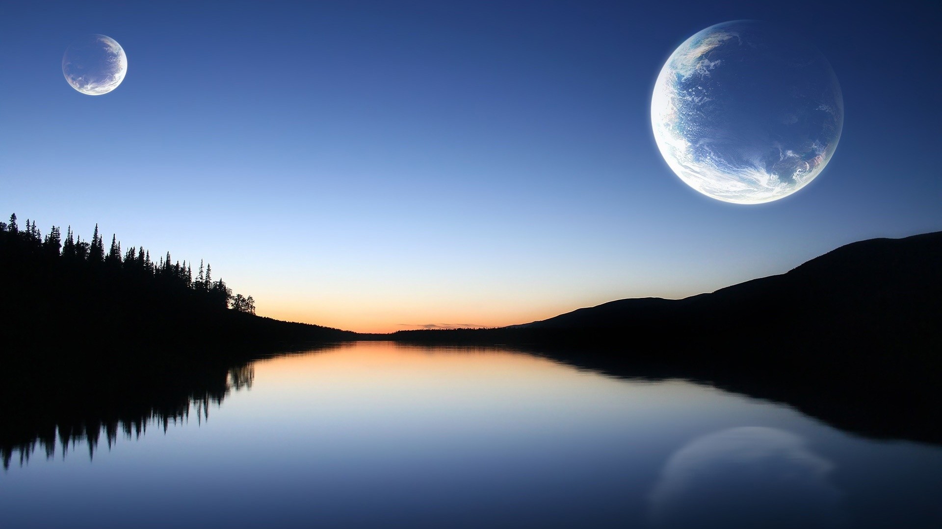 Lago, Luna, Crepuscolo, Silhouette, Riflesso, Full HD, sfondo Windows 11