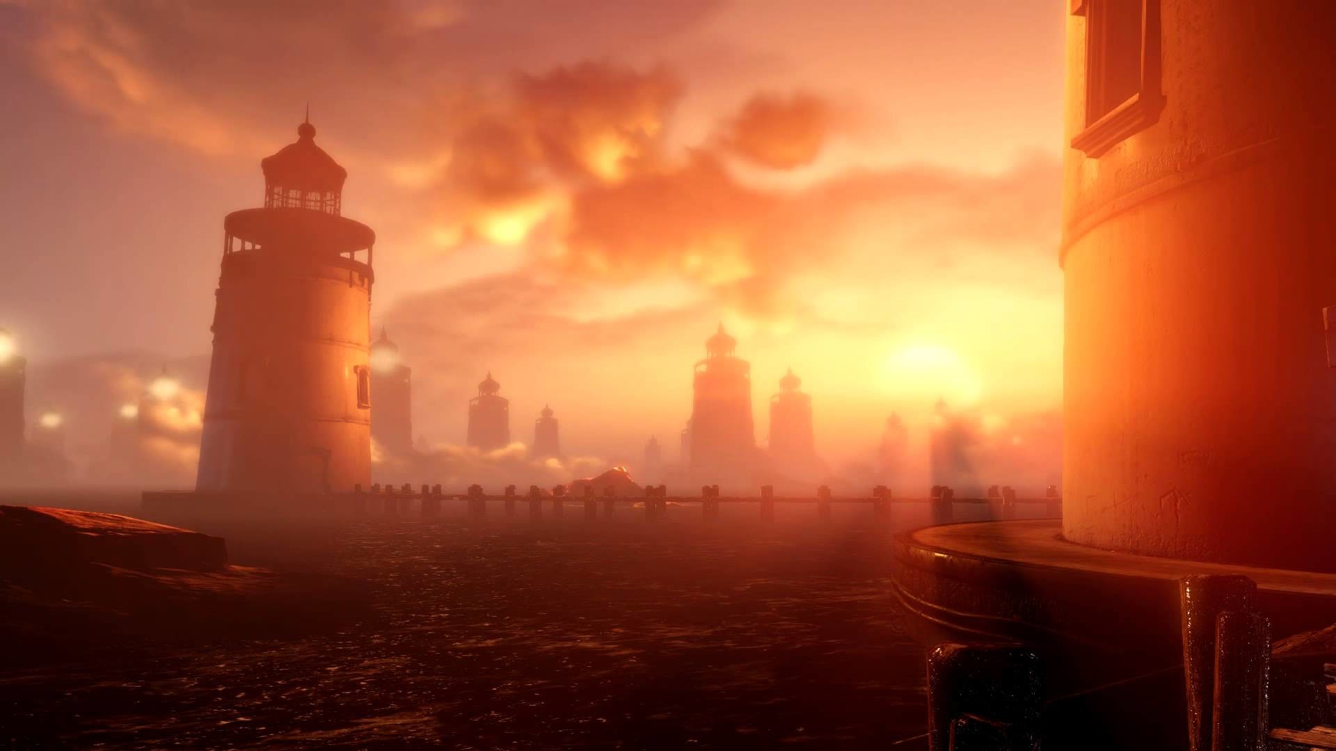 BioShock Infinite, Faro, Tramonto, Cielo arancione, 16:9 Full HD, sfondo widescreen