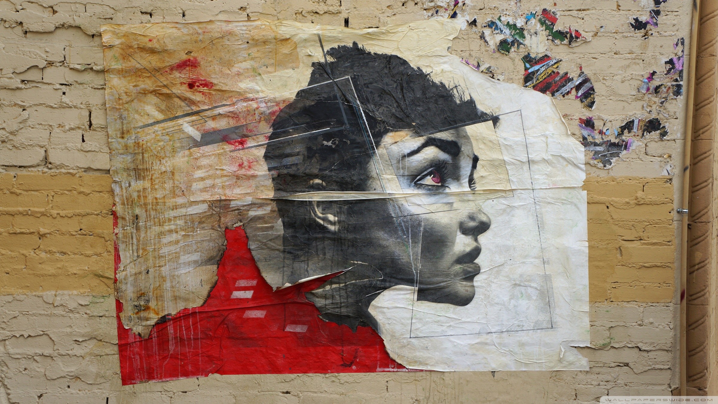 Paste-up, Ritratto di donna, Muro, Carta strappata, Full HD, sfondo per PC