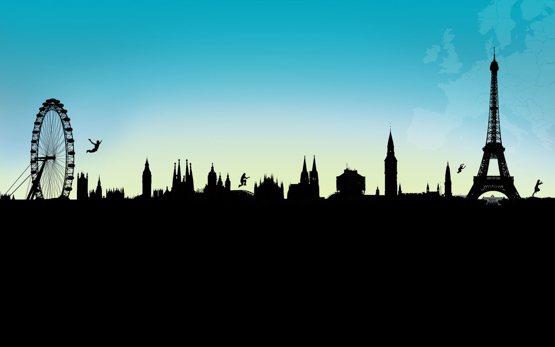 Parkour, Skyline, London Eye, Torre Eiffel, Silhouette, 1920x1200, immagine di sfondo