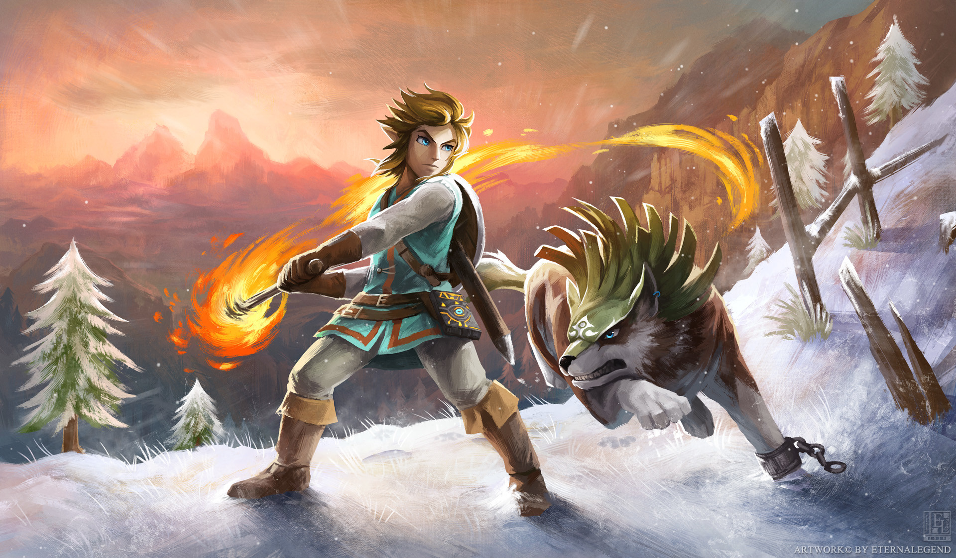 Link, The Legend of Zelda: Breath of the Wild, Lupo, Neve, Fan art, sfondo desktop Full HD