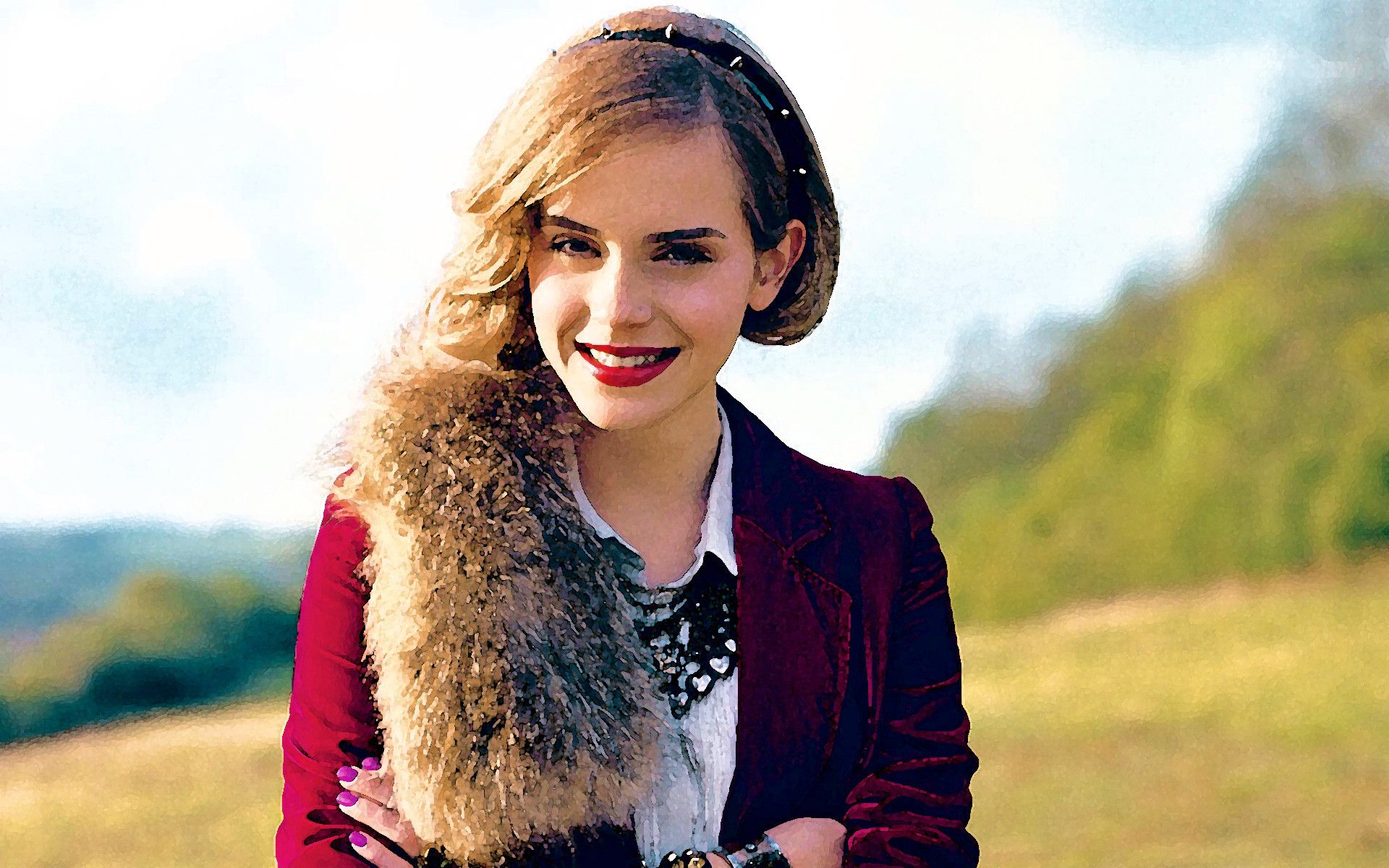 Emma Watson, Sorriso, Campagna, Giacca rossa, 1920x1200, sfondo per PC