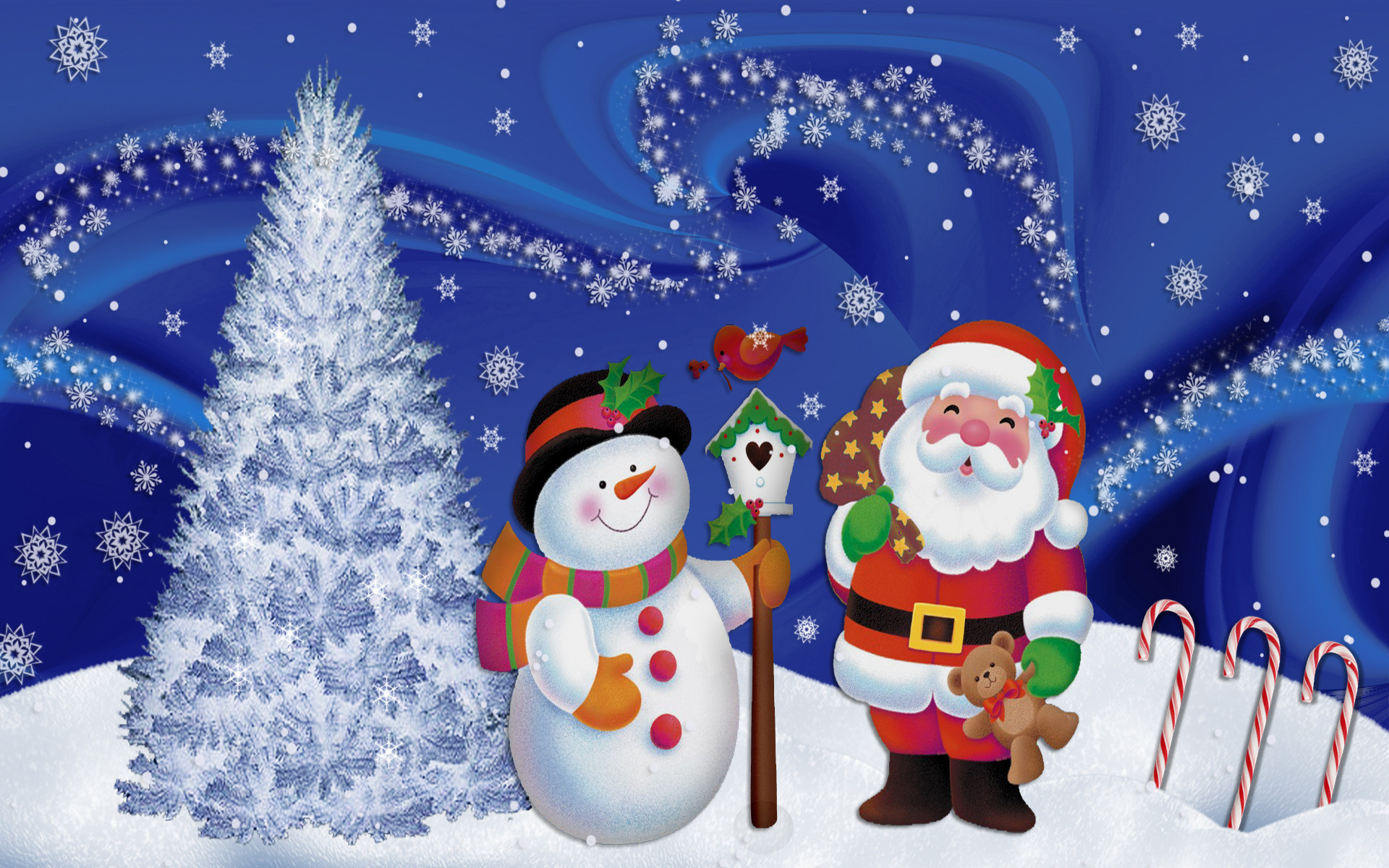 Babbo Natale, Pupazzo di neve, Albero innevato, Bastoncini di zucchero, Cartone, sfondo desktop