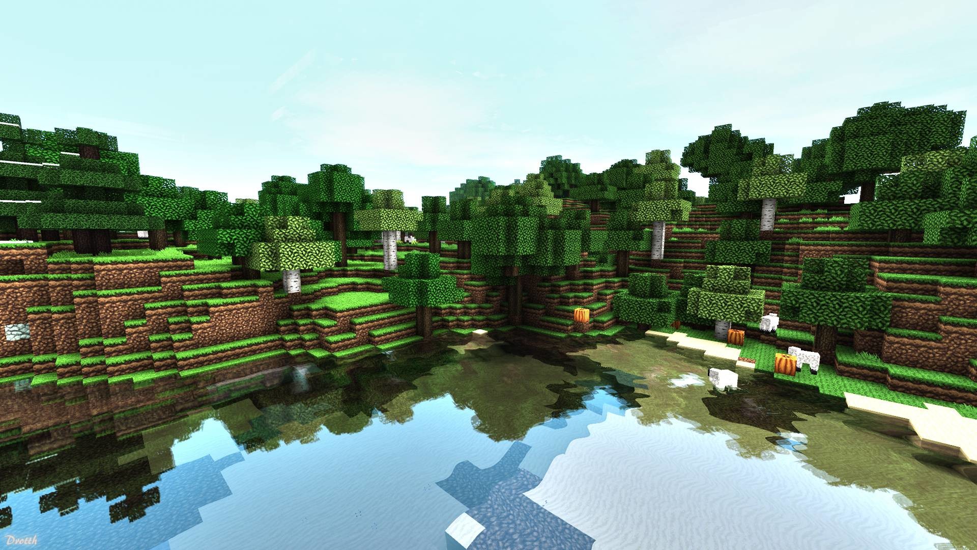 Minecraft, Lago, Riflesso, Foresta, Shader, Full HD 1080p, sfondo desktop