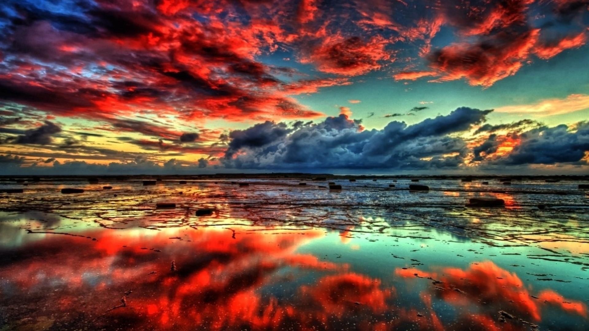 Tramonto, Nuvole rosse, Riflesso, Lago, HDR, Full HD, wallpaper per desktop