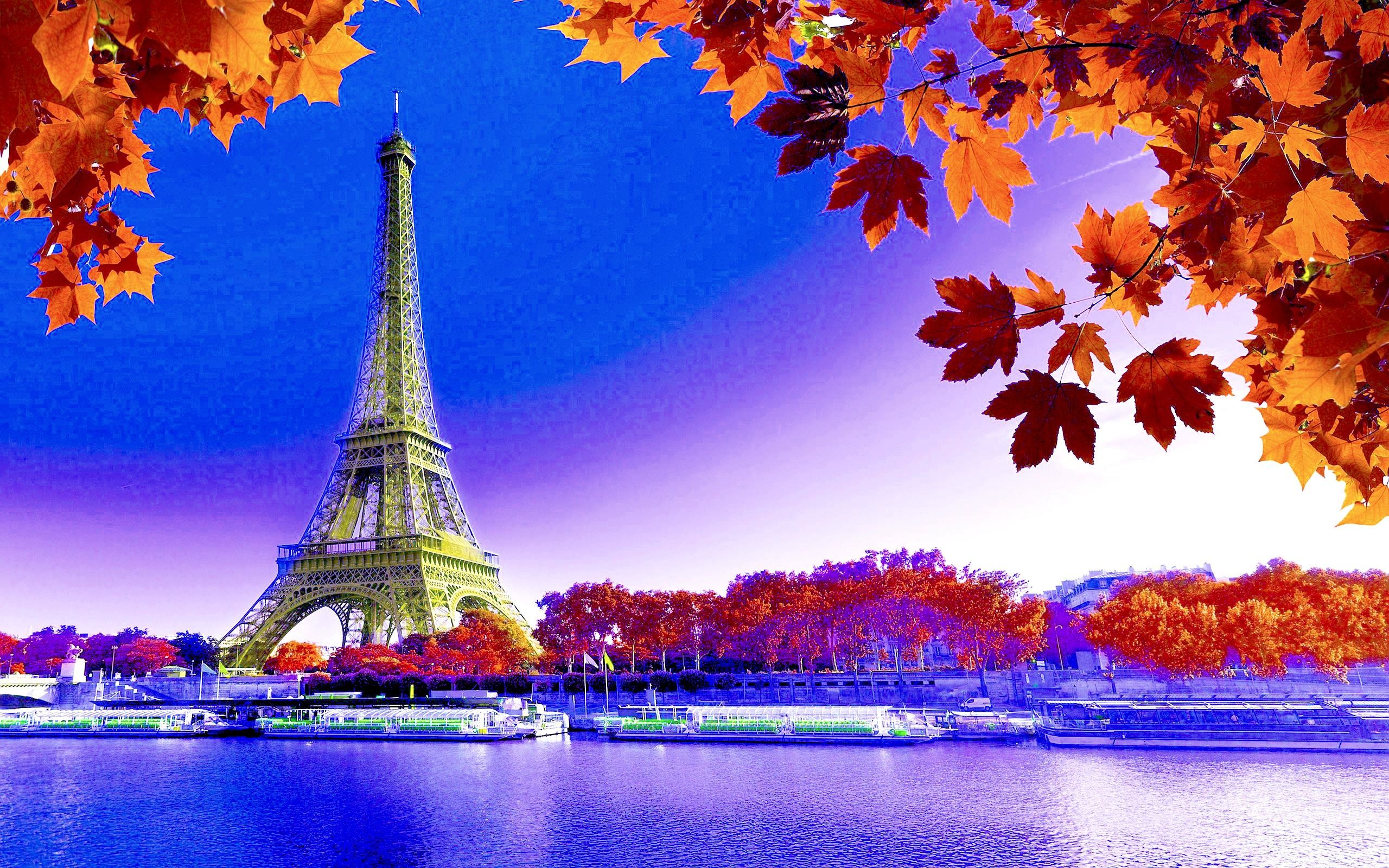 Torre Eiffel, Parigi, Senna, Foglie d'acero, Autunno, sfondo tablet