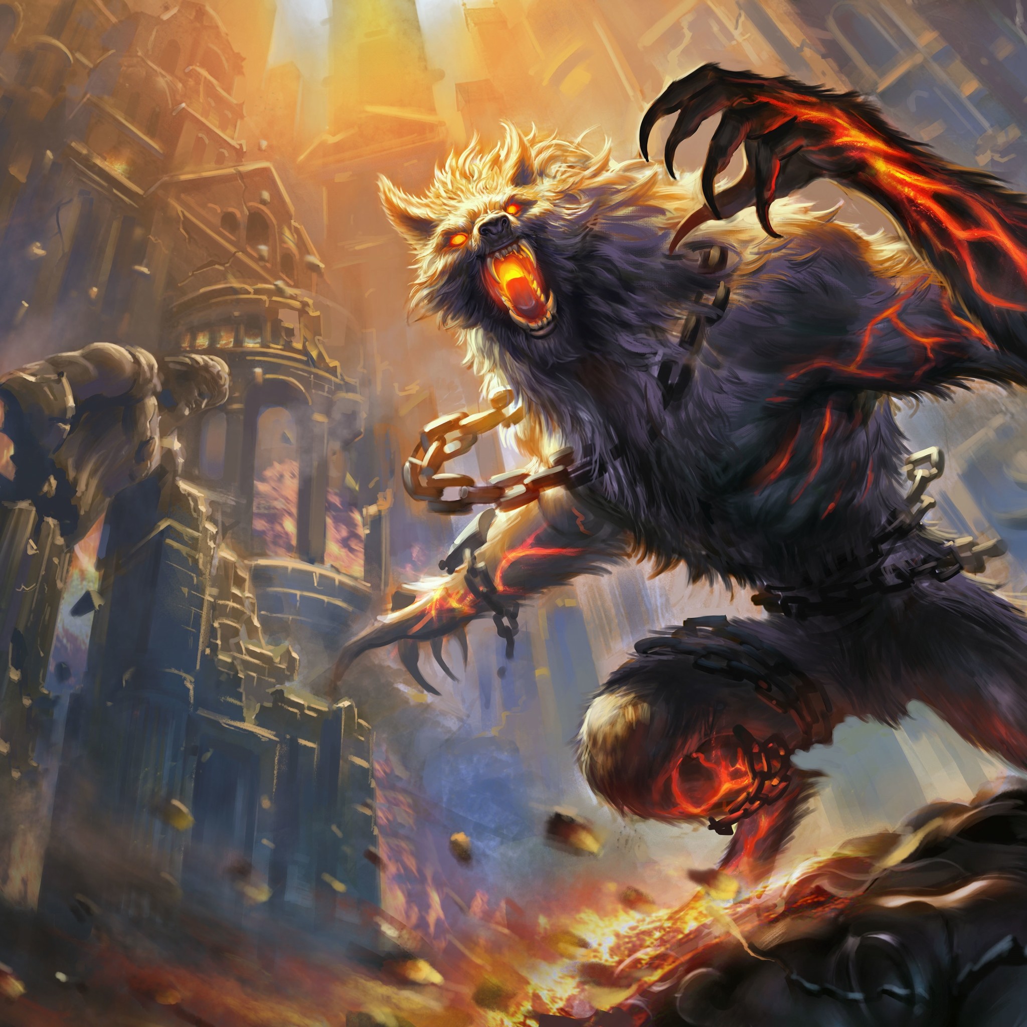 Lupo mannaro, Fuoco, Rovine, Fantasy, Full HD, sfondo per iPad e tablet