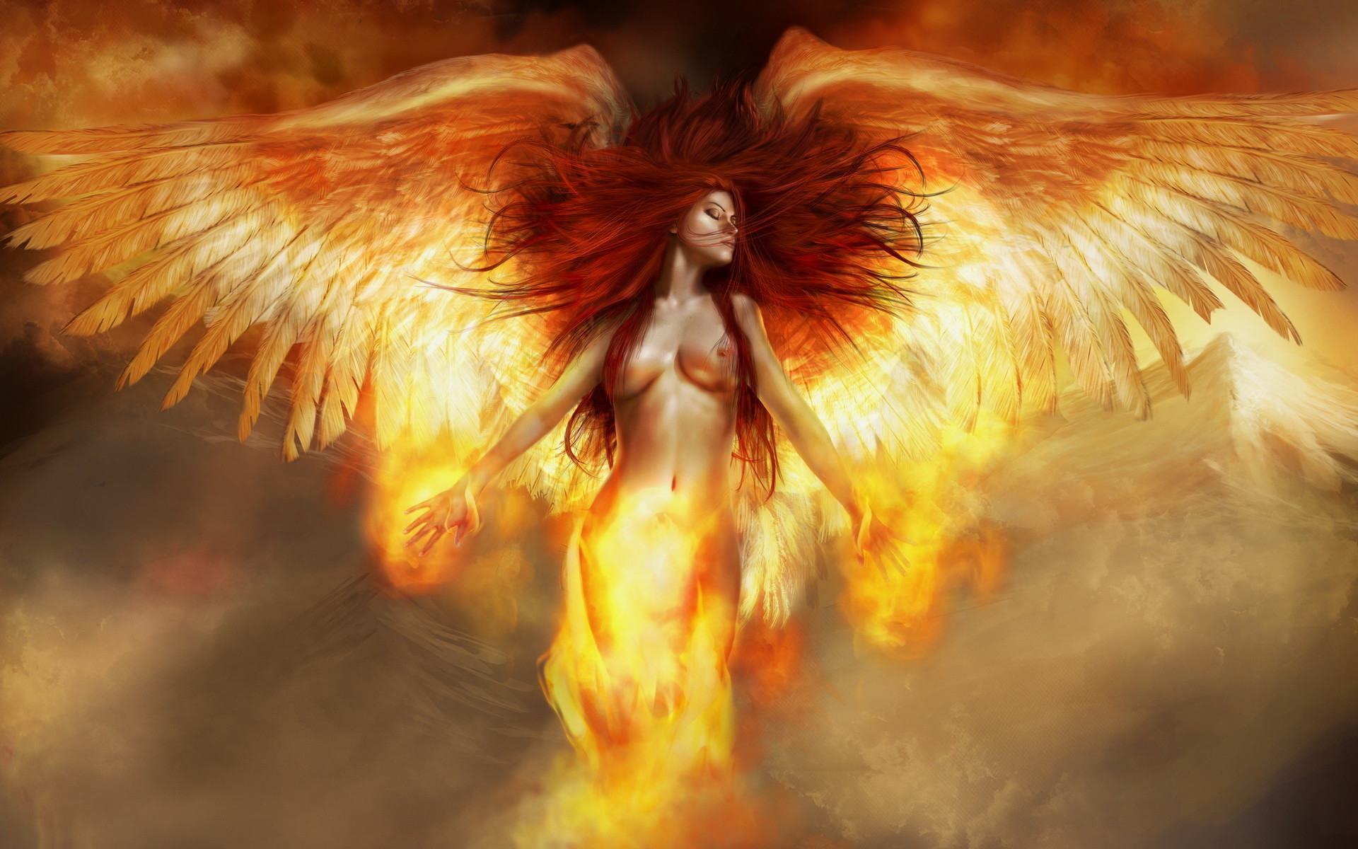 Angelo di fuoco, Ali infuocate, Fiamme, Arte fantasy, 16:10 Full HD, sfondo widescreen