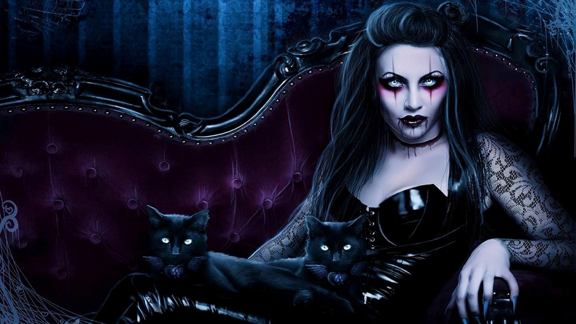 Donna vampira, Gatti neri, Divano, Viola, Full HD, sfondo desktop