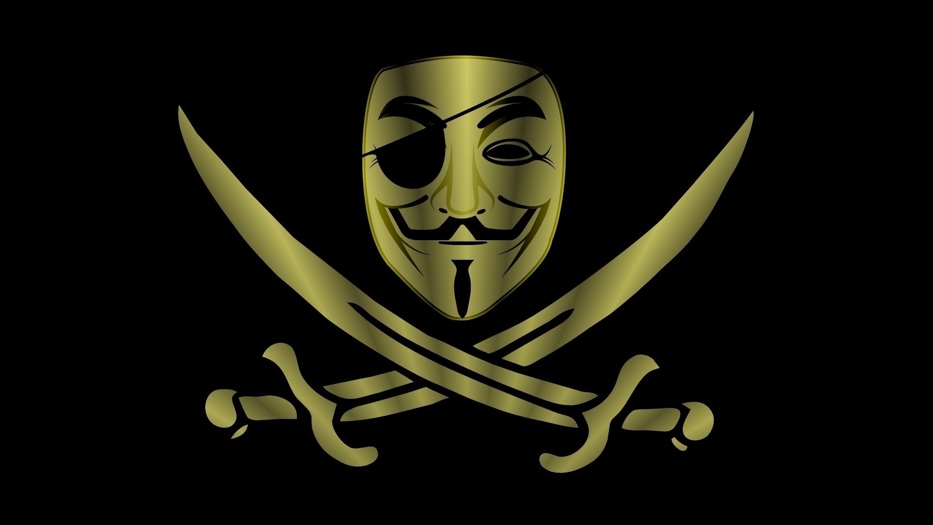 Jolly Roger, Maschera di Guy Fawkes, Anonymous, Sciabole, Oro, Full HD, sfondo per PC e portatile
