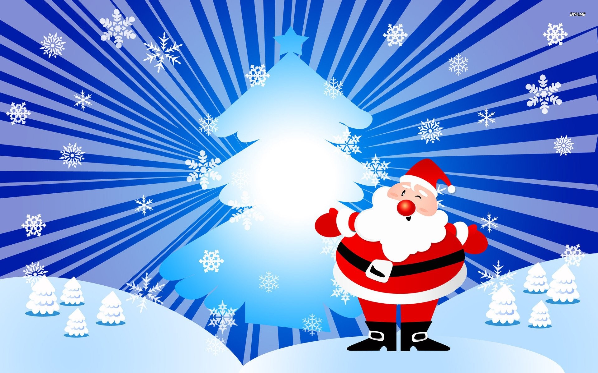 Babbo Natale, Albero di Natale, Fiocchi di neve, Illustrazione, Blu, sfondo 16:10 Full HD