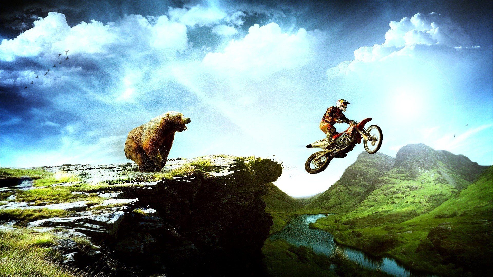 Motocross, Salto, Orso, Fotomontaggio, Montagne, Full HD 1080p, sfondo desktop