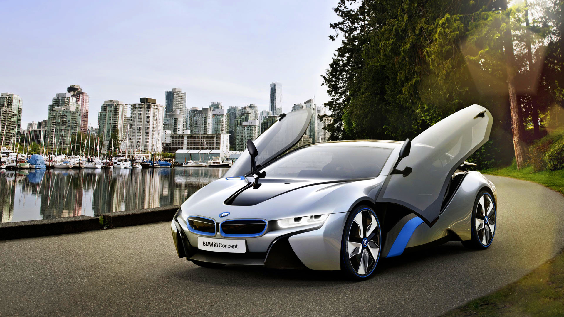 BMW i8 Concept, BMW Vision EfficientDynamics, Porte ad ala di gabbiano, Porto turistico, Skyline, sfondo desktop