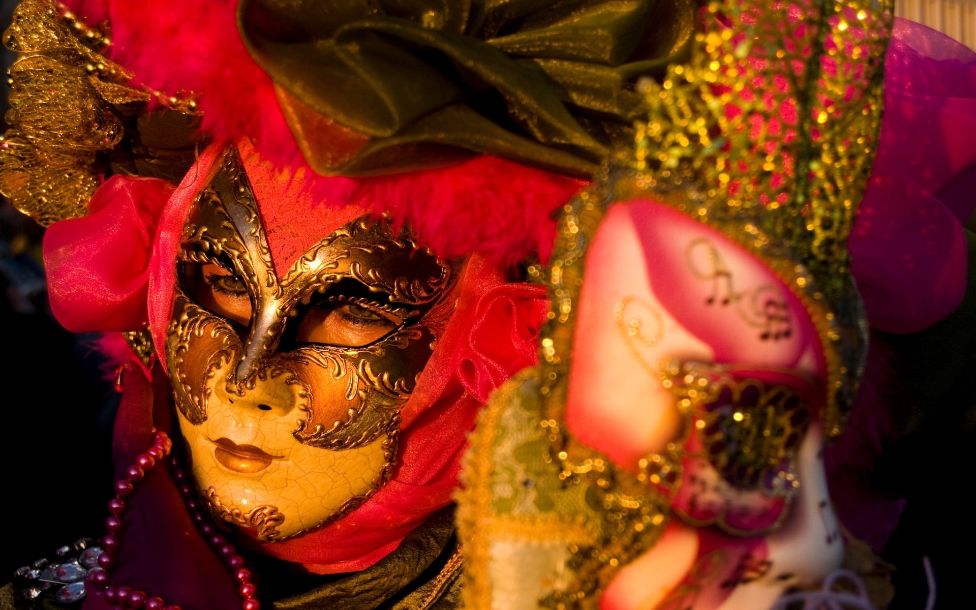 Maschera veneziana, Oro, Rosso, Primo piano, Full HD, wallpaper desktop